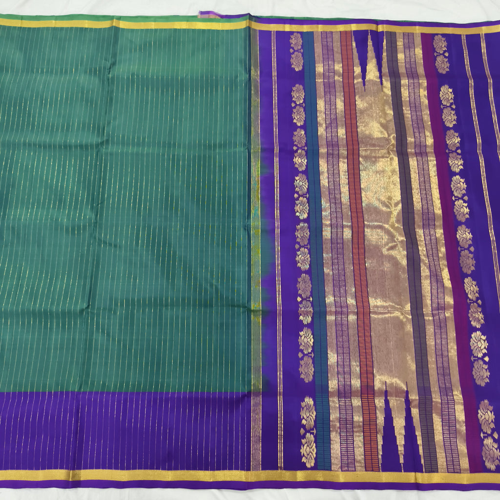 Pure Kanchipuram Silk Saree – Peacock Blue and Purple Contrast