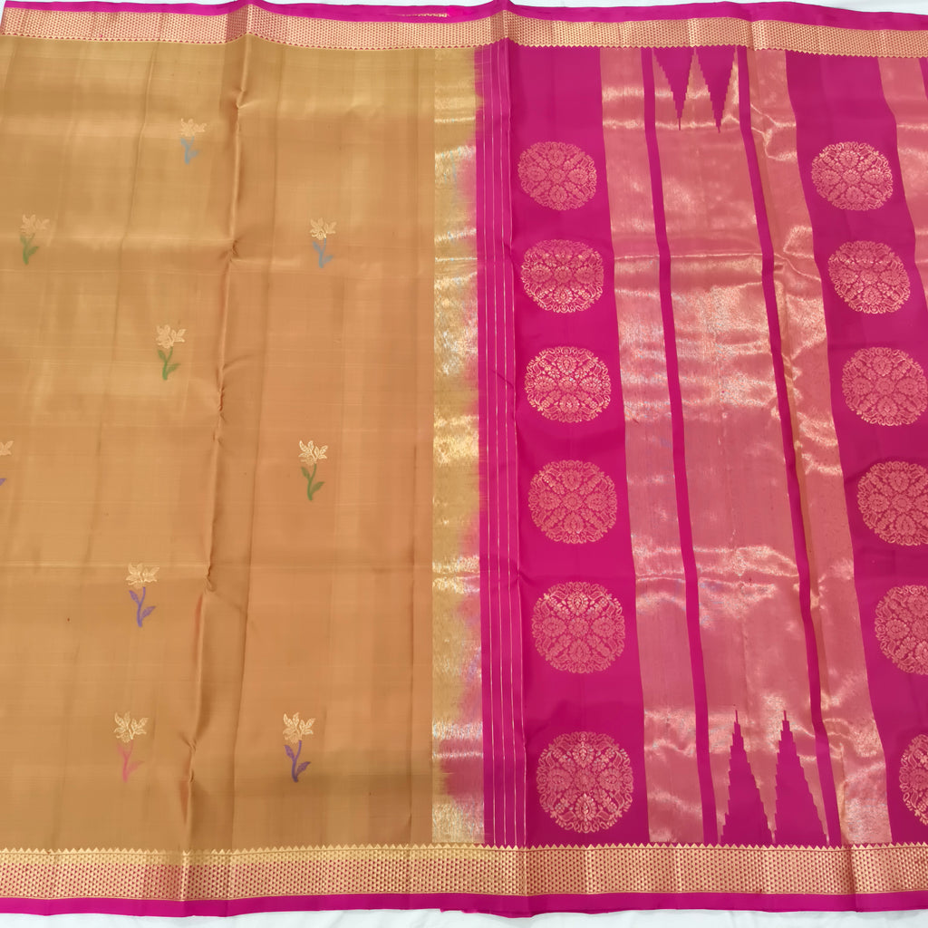 Pure Kanchipuram Silk Saree – Mustard Gold and Rani pink Contrast