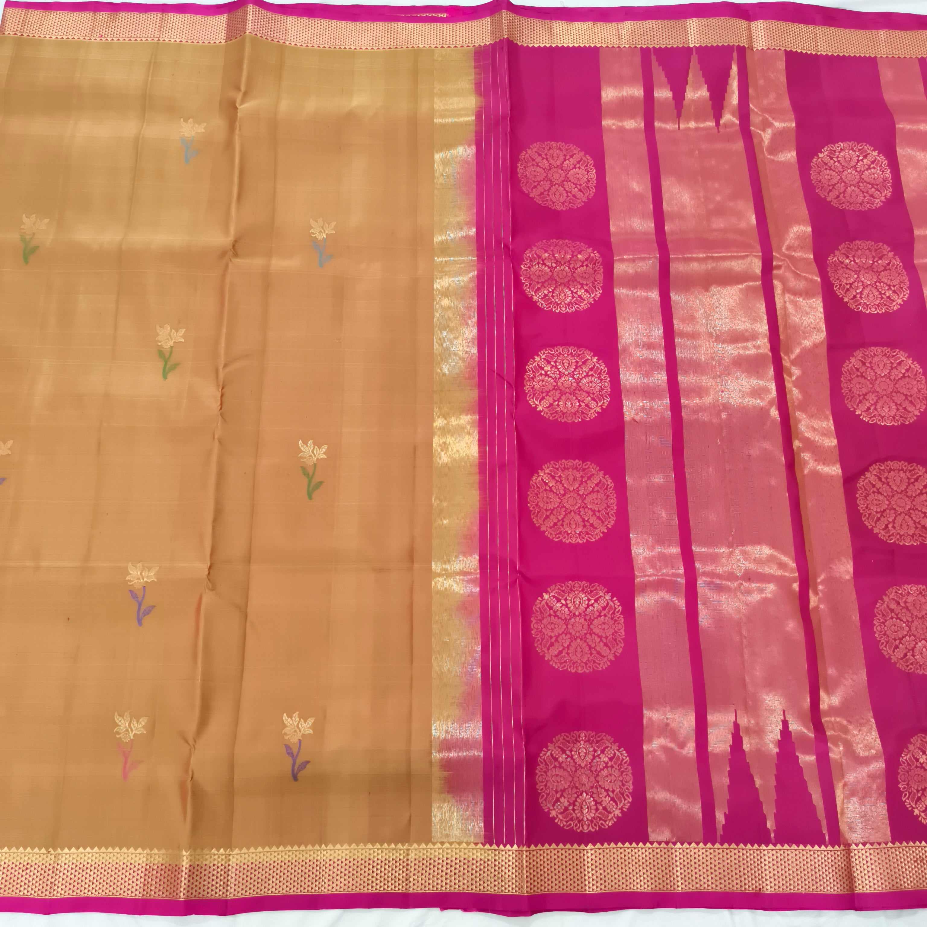 Pure Kanchipuram Silk Saree – Mustard Gold and Rani pink Contrast