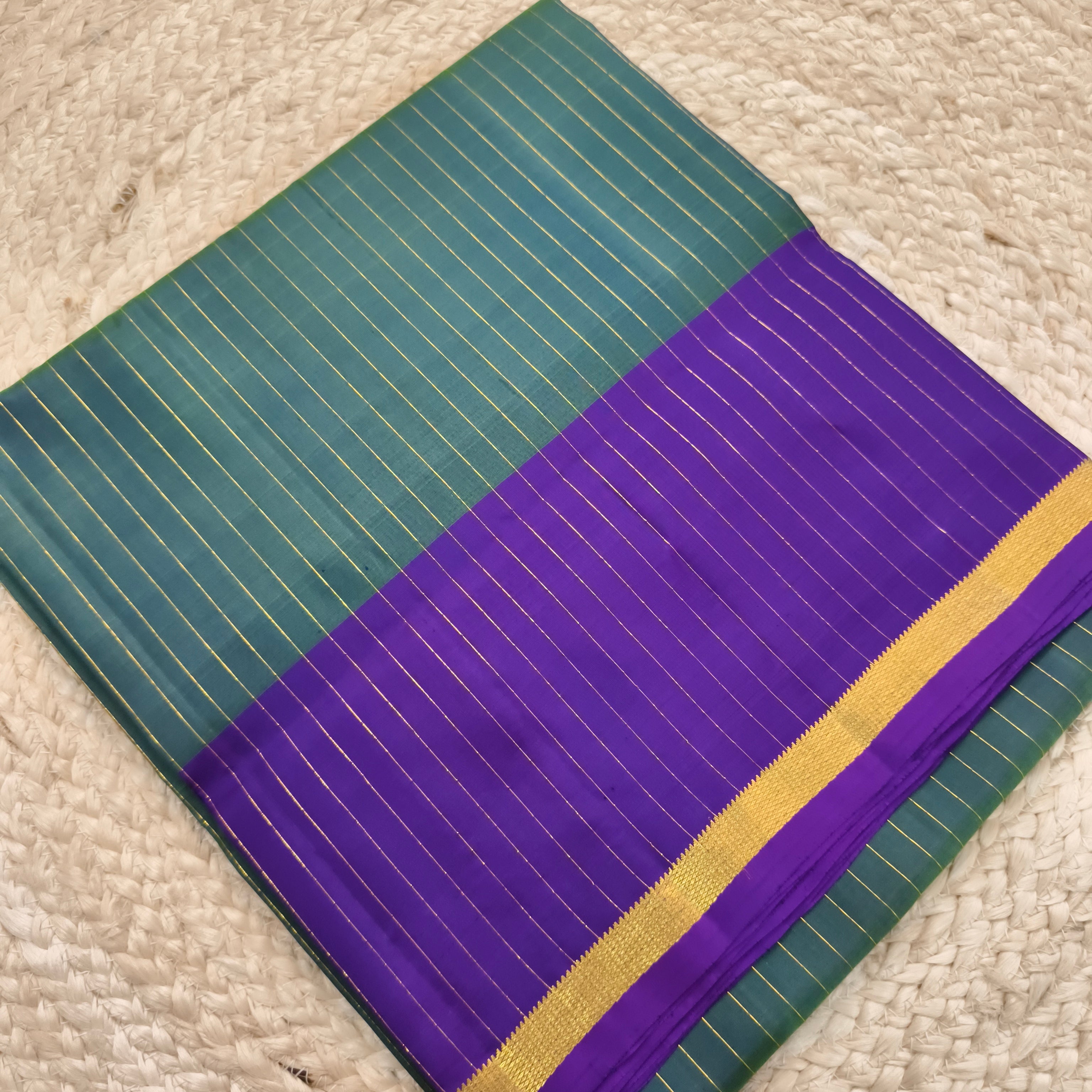 Pure Kanchipuram Silk Saree – Peacock Blue and Purple Contrast