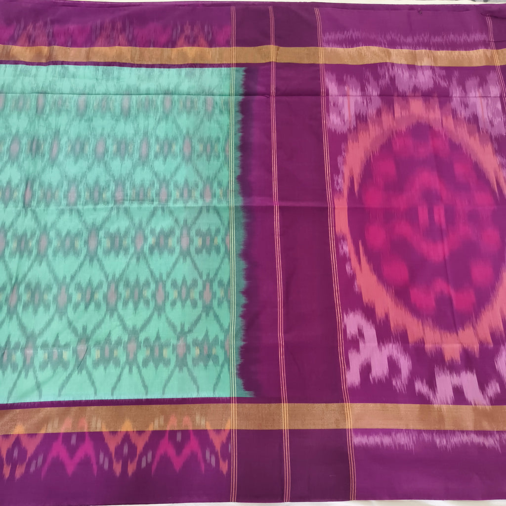 Silk Cotton Saree – Sea Green and Wine