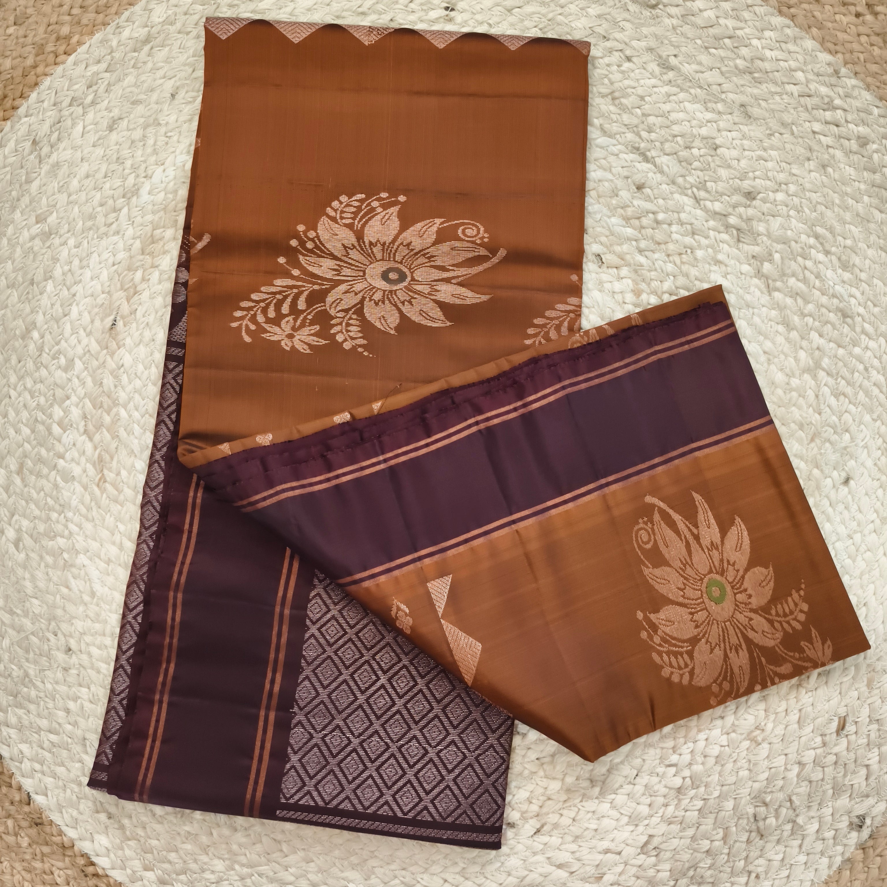 Soft Silk Saree – Copper Gold and Dark Brown Contrast