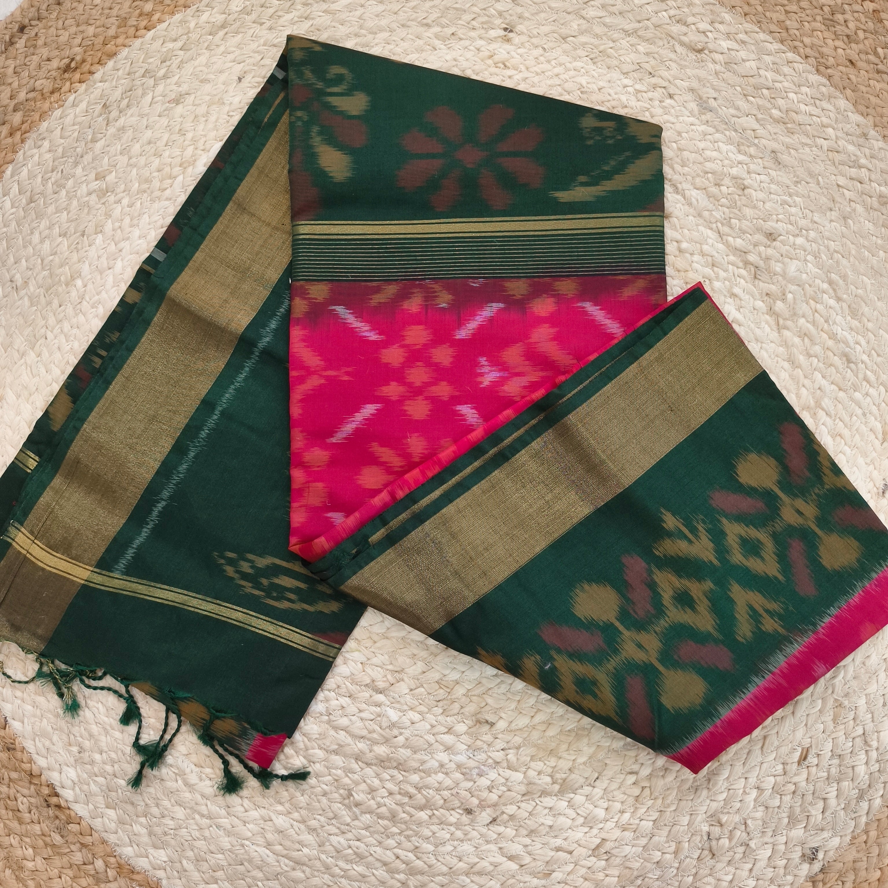 Silk Cotton Saree – Pink and Green