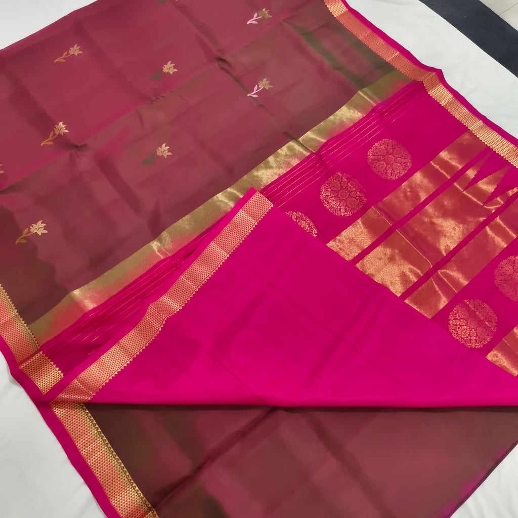 Pure Kanchipuram Silk Saree – Maroon and Rani Pink Contrast