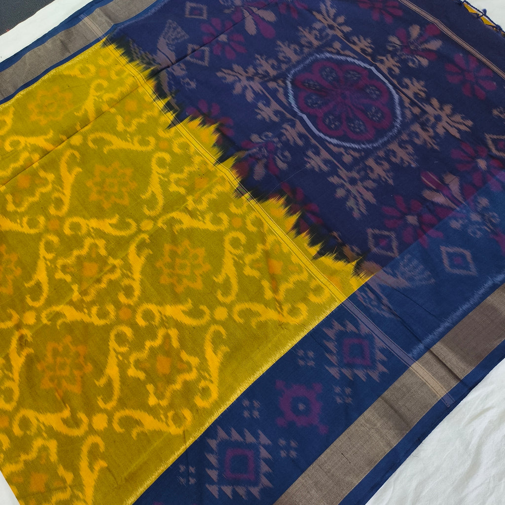 Silk Cotton Saree – Yellow and Navy Blue