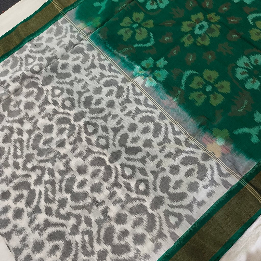 Silk Cotton Saree – White and Green