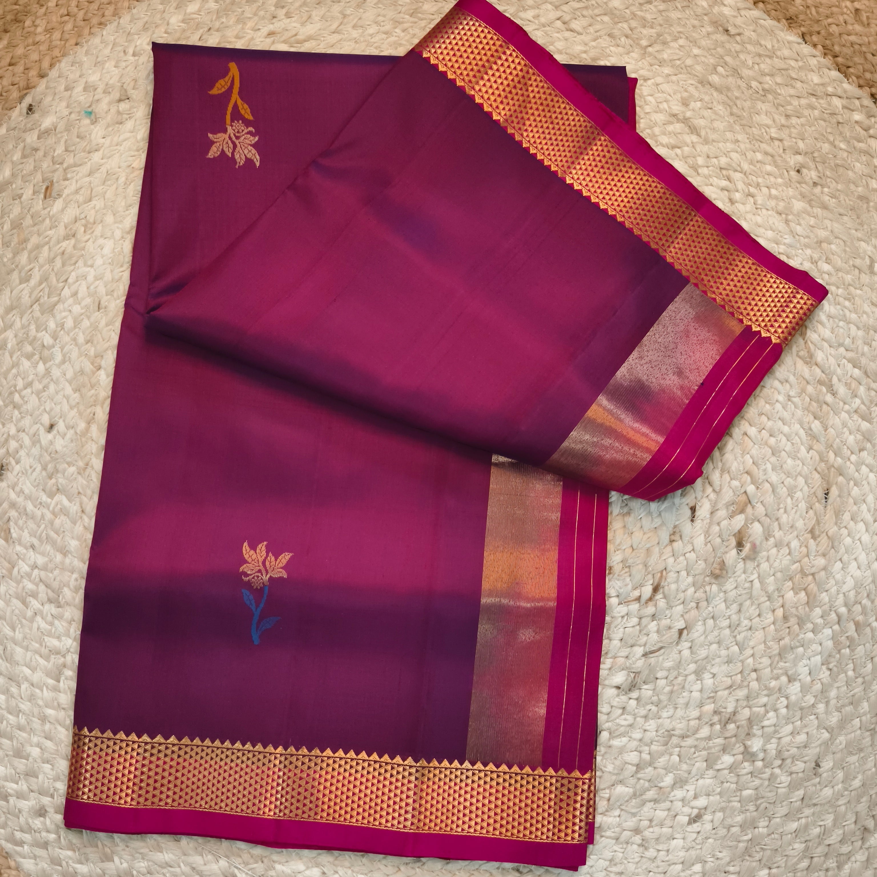 Pure Kanchipuram Silk Saree – Deep Magenta and Rani Pink Contrast (Copy)