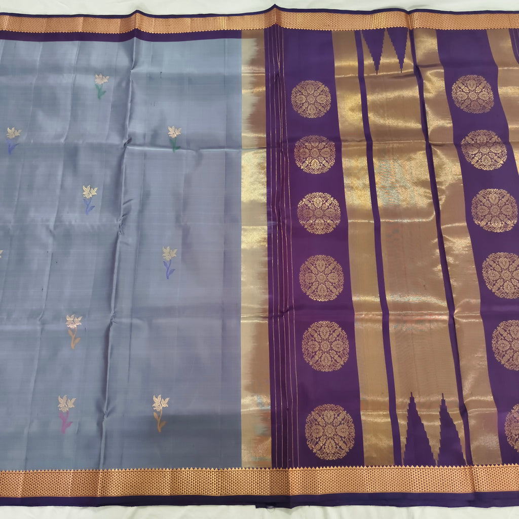 Pure Kanchipuram Silk Saree – Grey and Wine Contrast