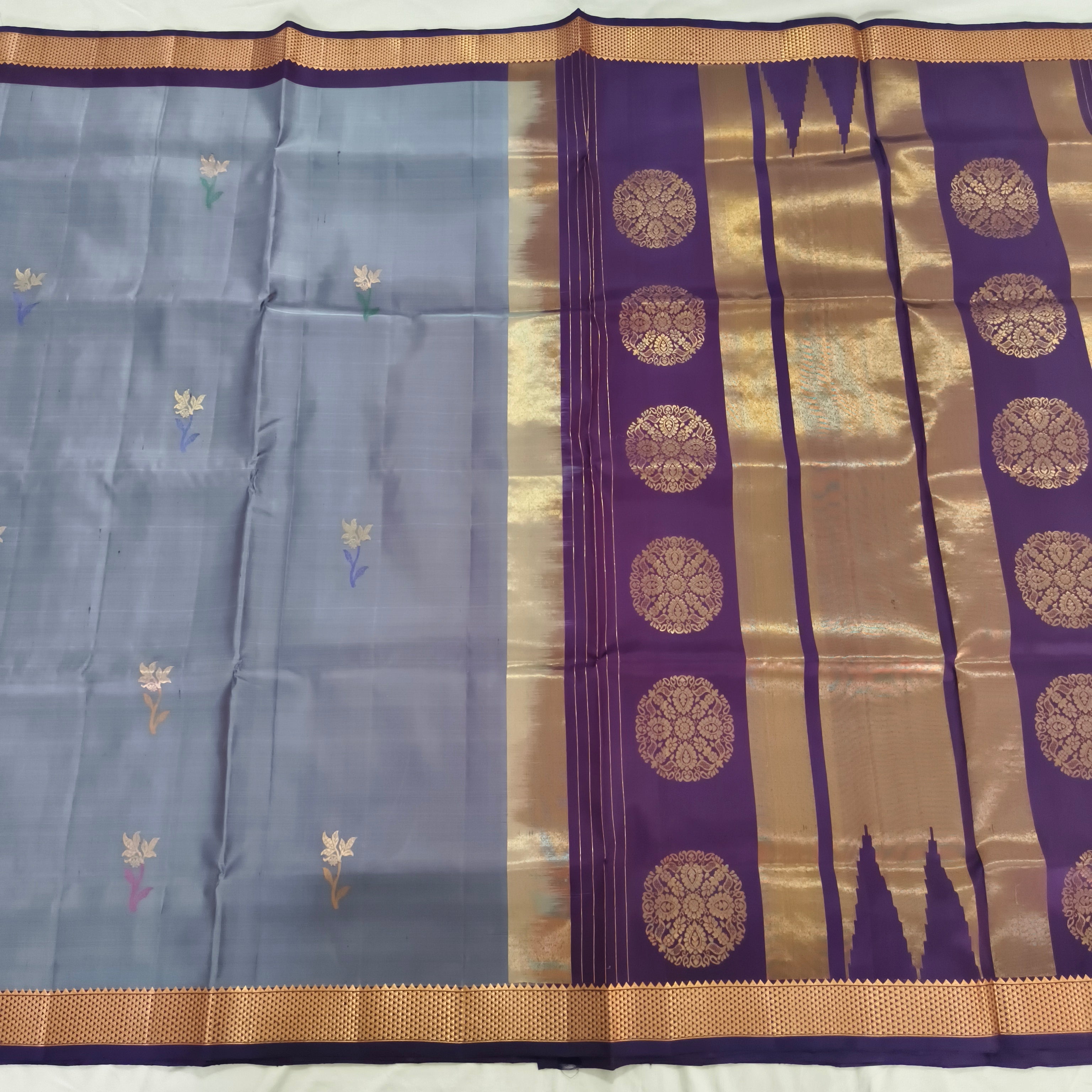 Pure Kanchipuram Silk Saree – Grey and Wine Contrast