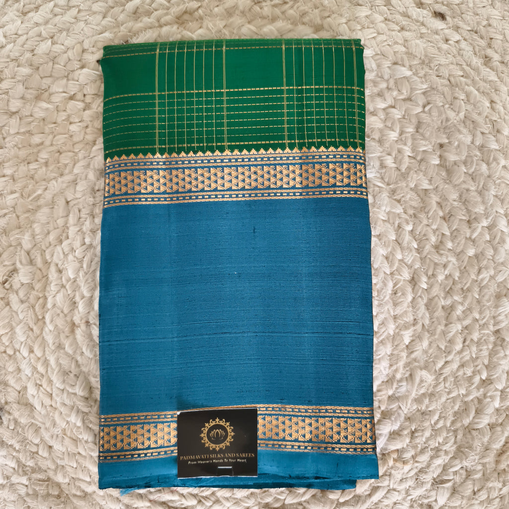 Pure Kanchipuram Silk Saree – Green and Blue Contrast with Checks