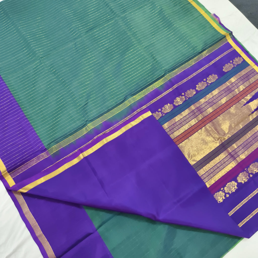 Pure Kanchipuram Silk Saree – Peacock Blue and Purple Contrast