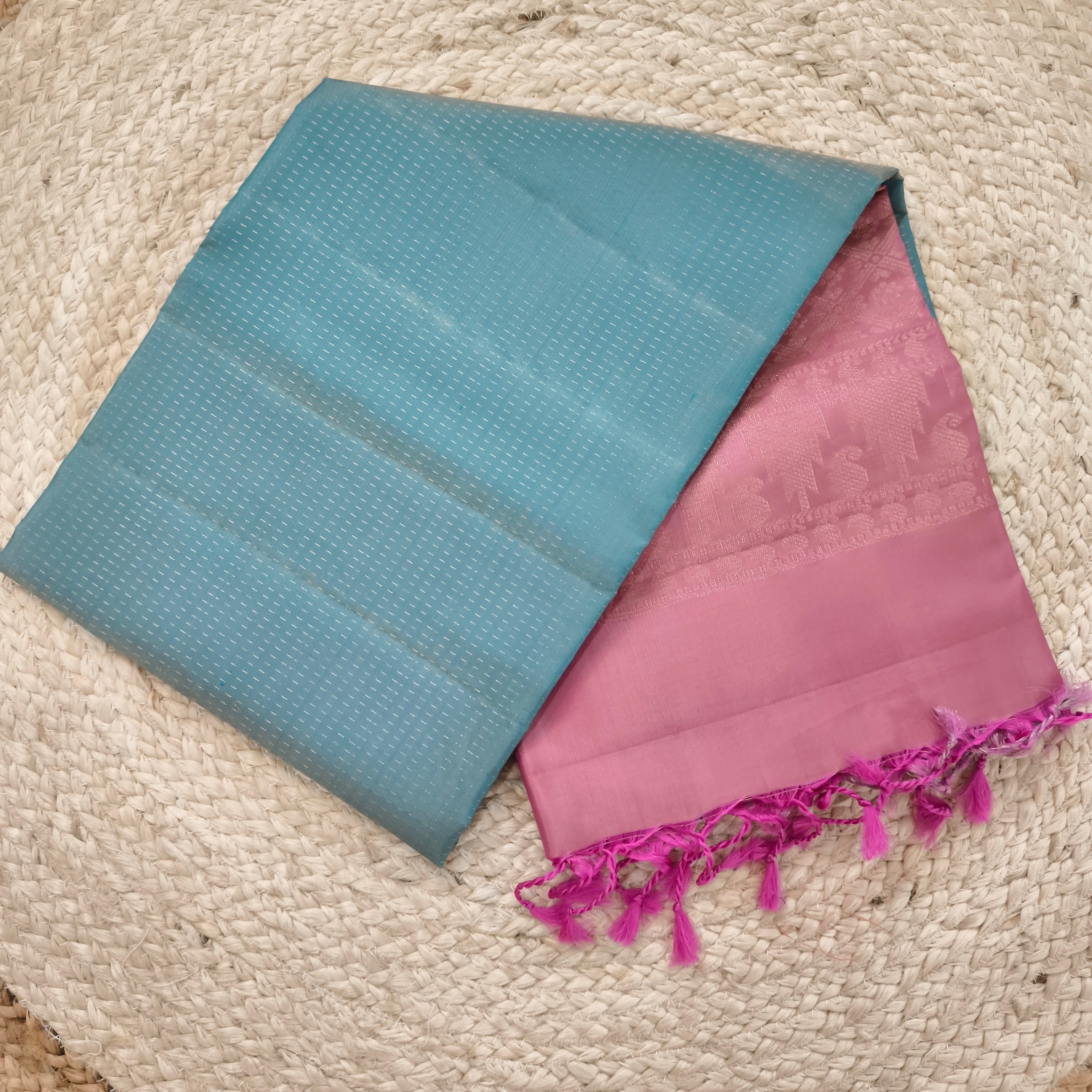 Soft Silk Saree – Light Blue & Pink Contrast