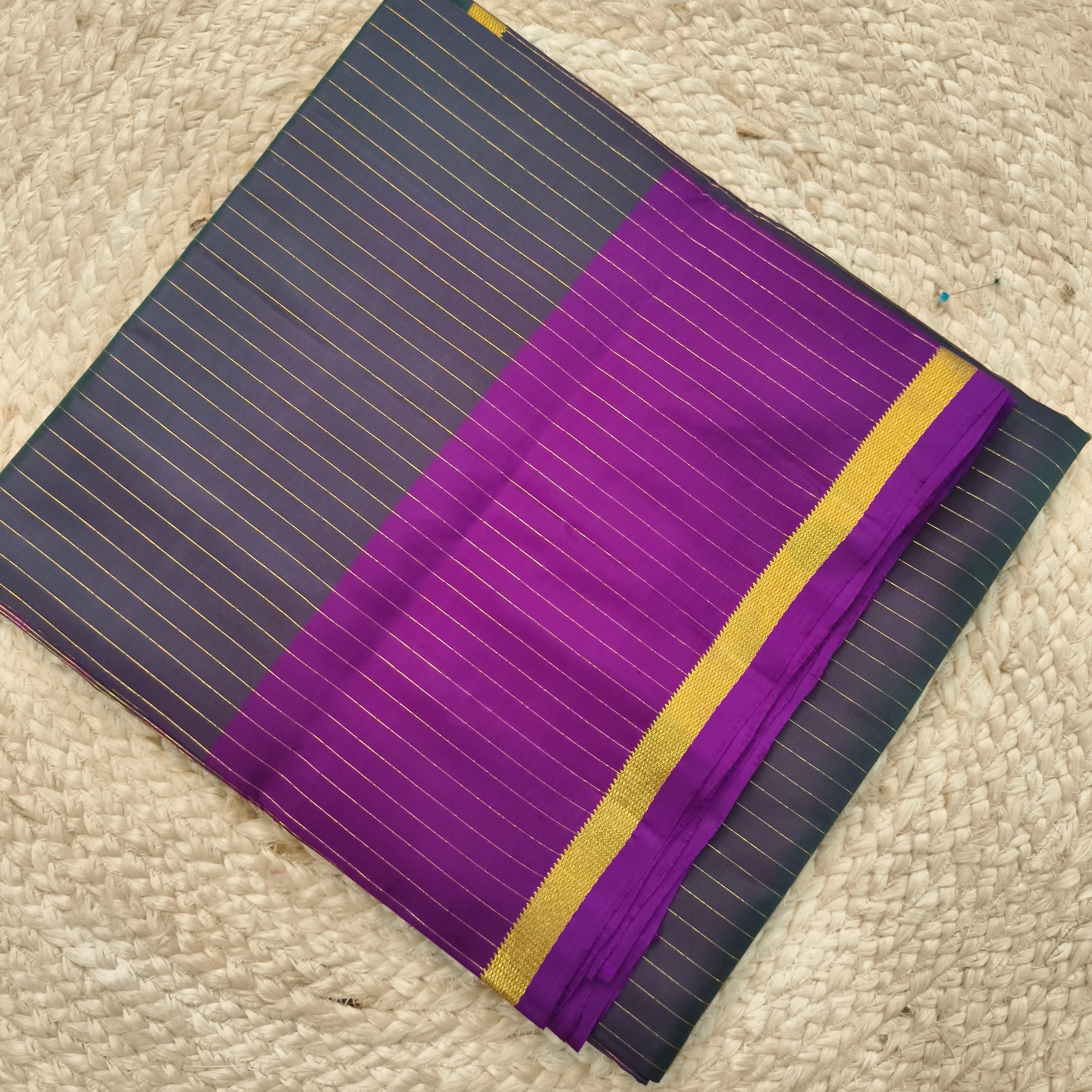 Pure Kanchipuram Silk Saree – Peacock Blue and Magenta Pink Contrast