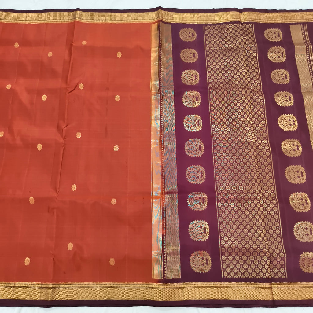 Pure Kanchipuram Handloom Silk Saree – Rust Orange and Deep Maroon Contrast