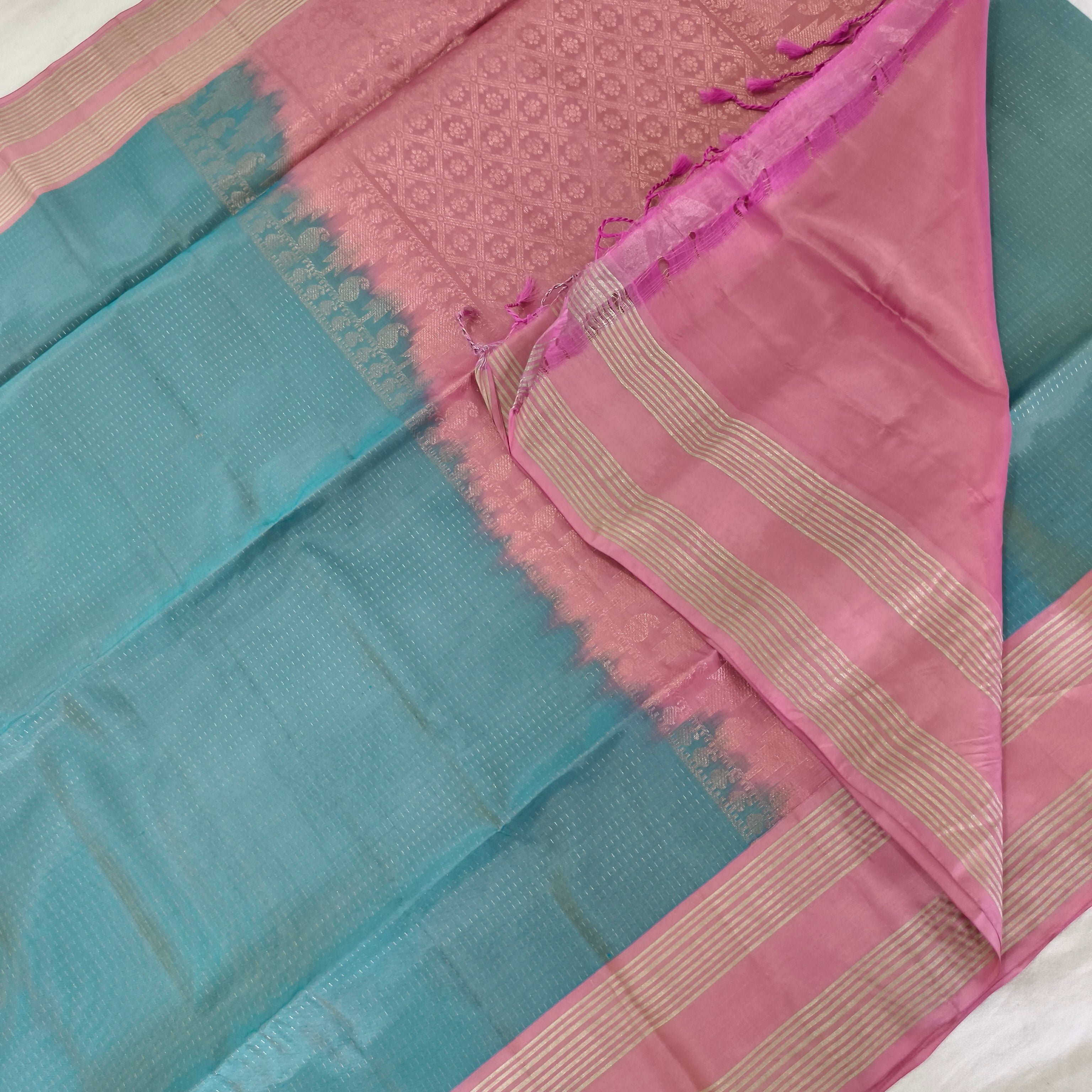Soft Silk Saree – Light Blue & Pink Contrast