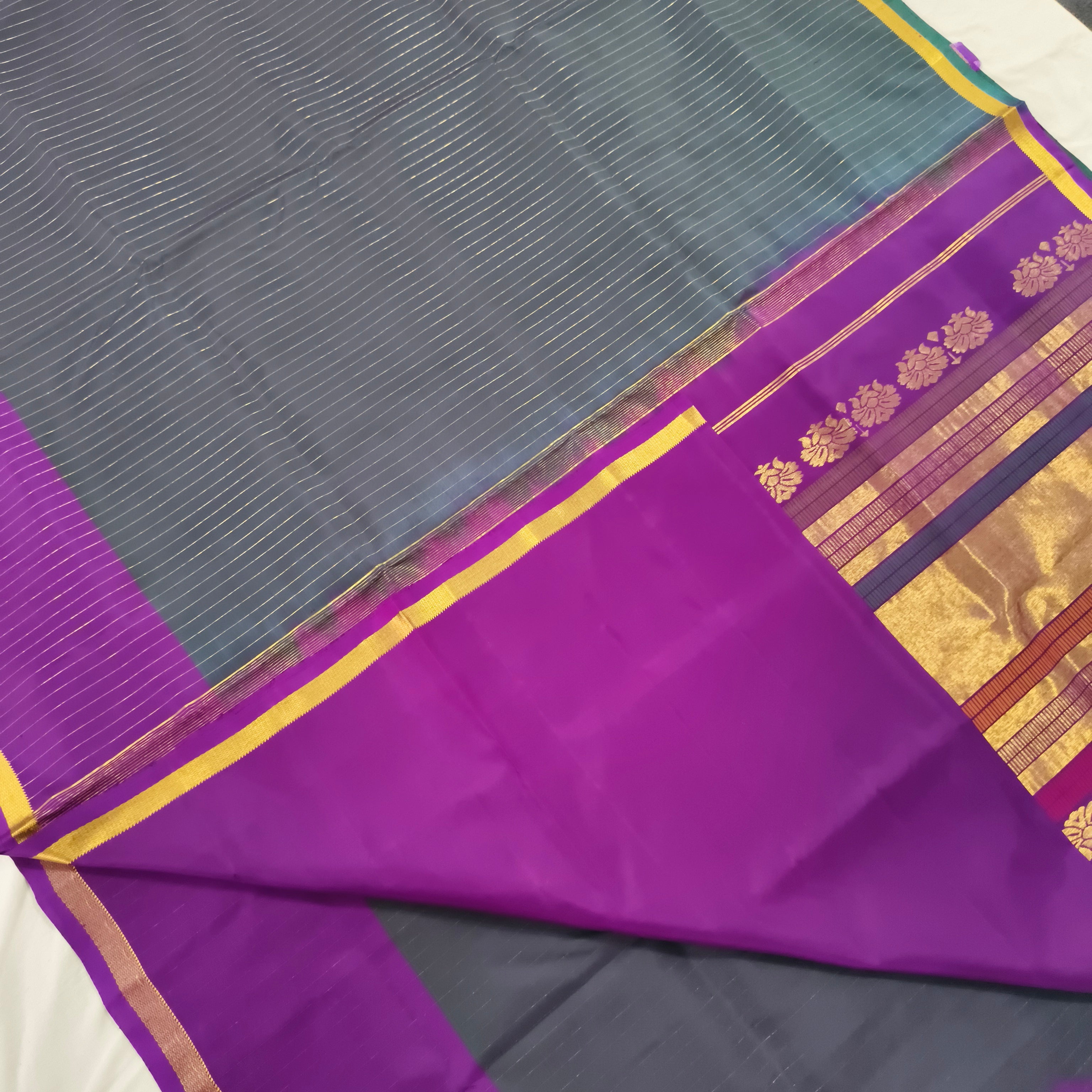 Pure Kanchipuram Silk Saree – Peacock Blue and Magenta Pink Contrast