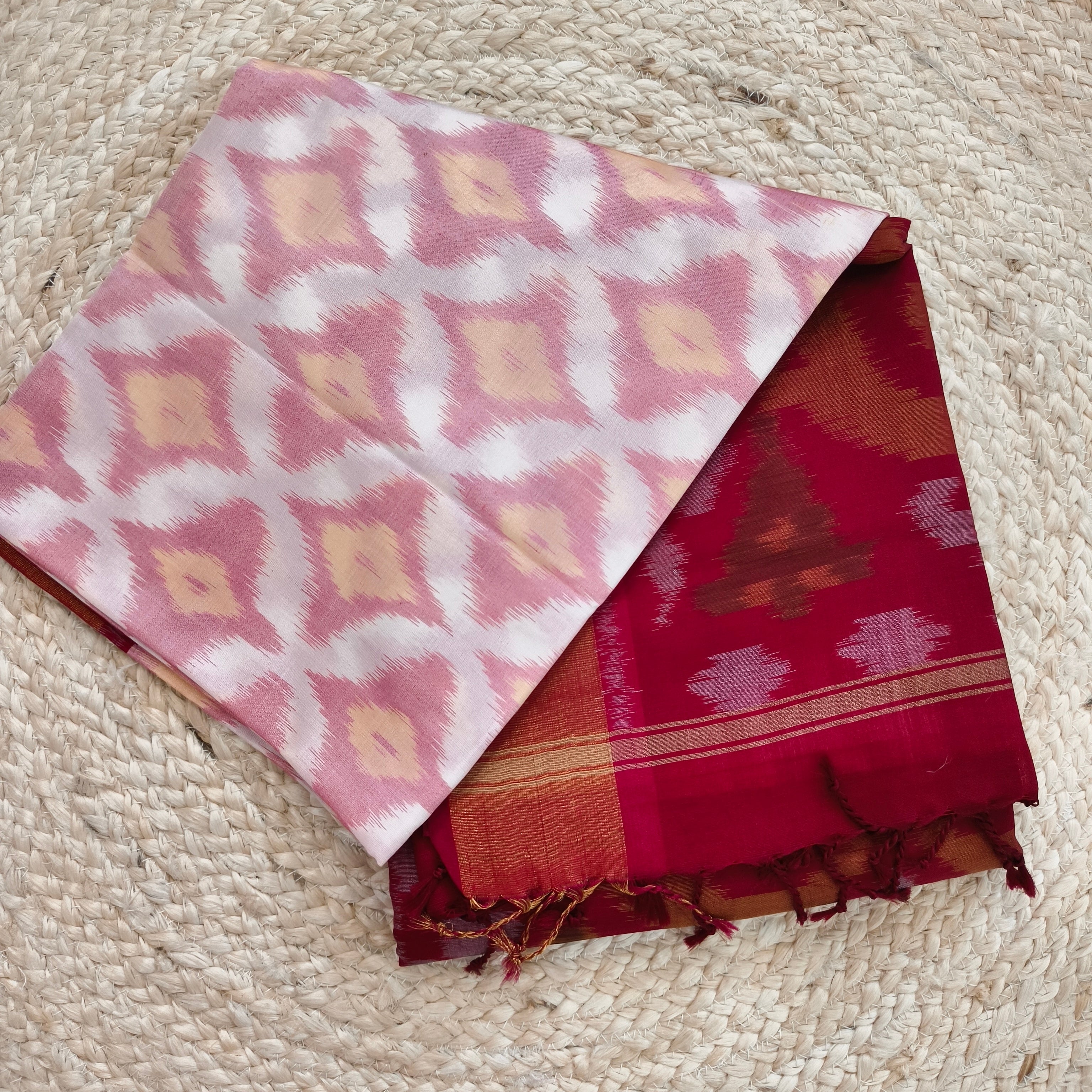 Silk Cotton Saree – White and Maroon