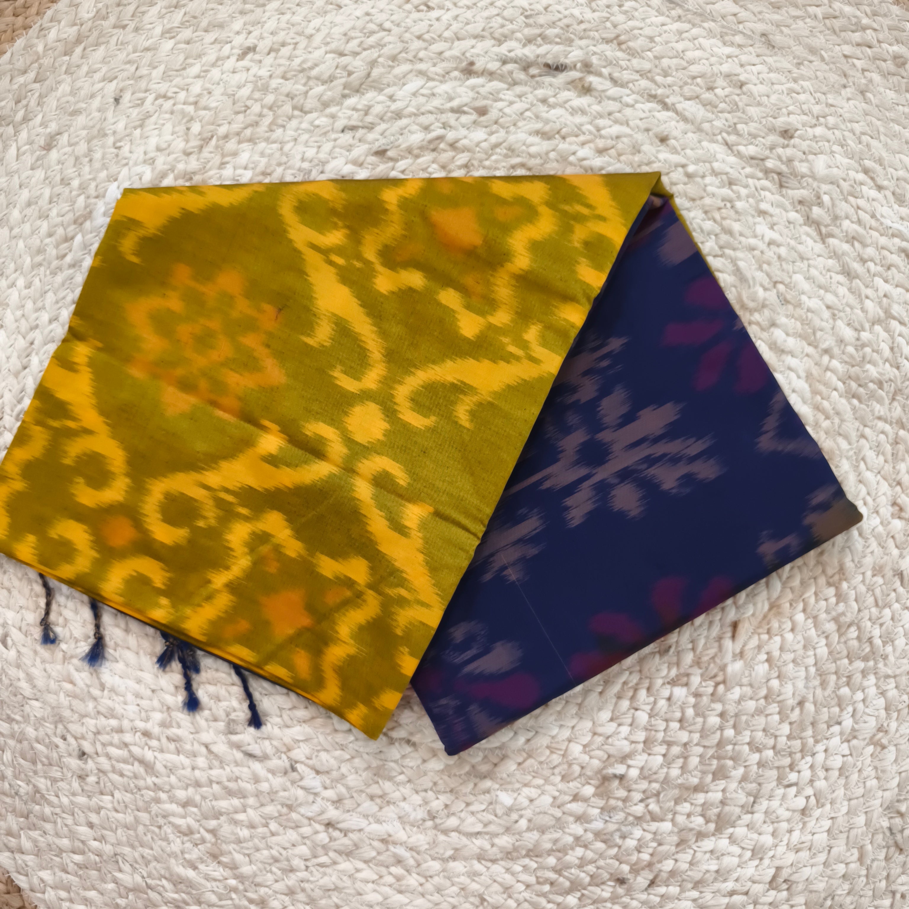 Silk Cotton Saree – Yellow and Navy Blue