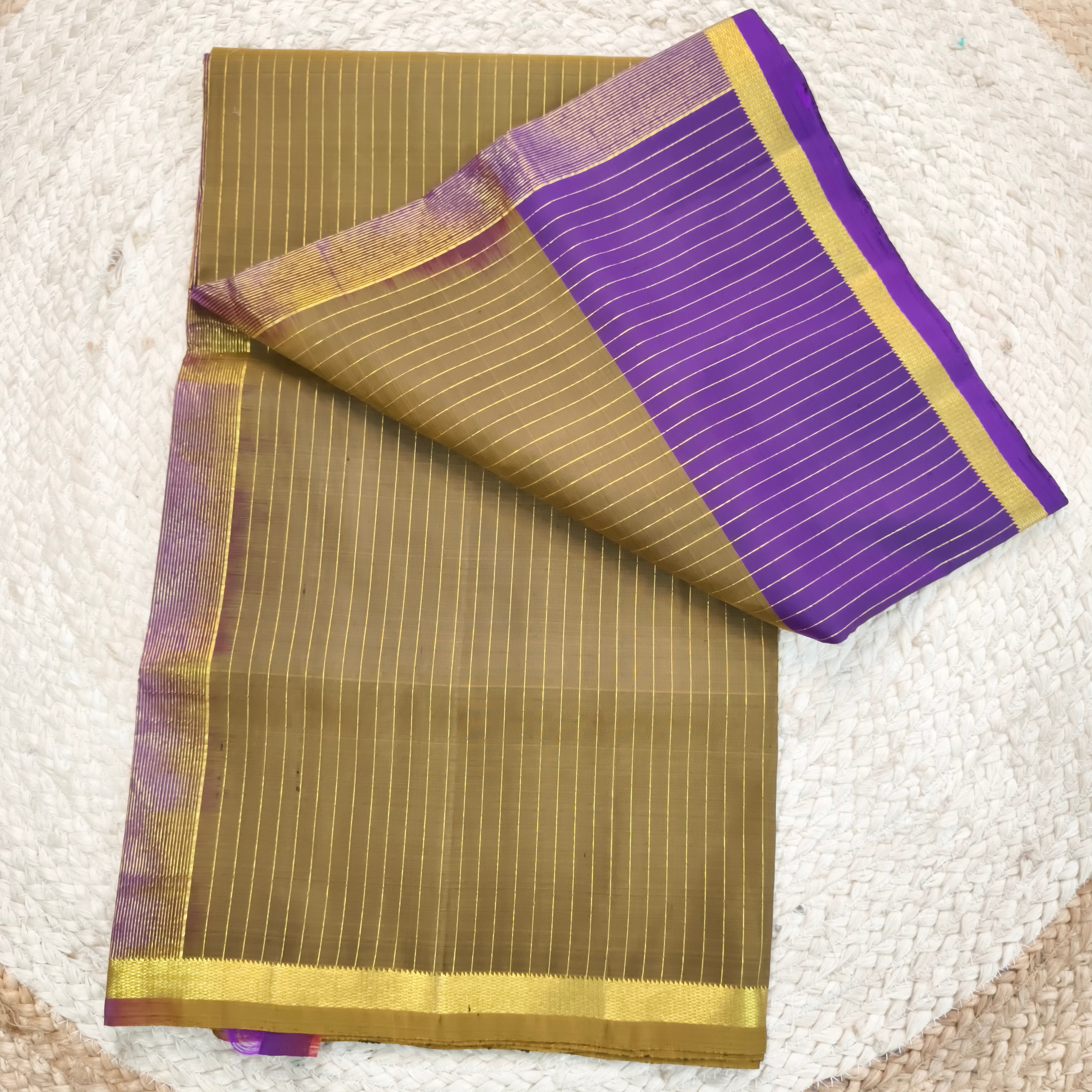 Pure Kanchipuram Silk Saree – Olive Green and Purple Contrast