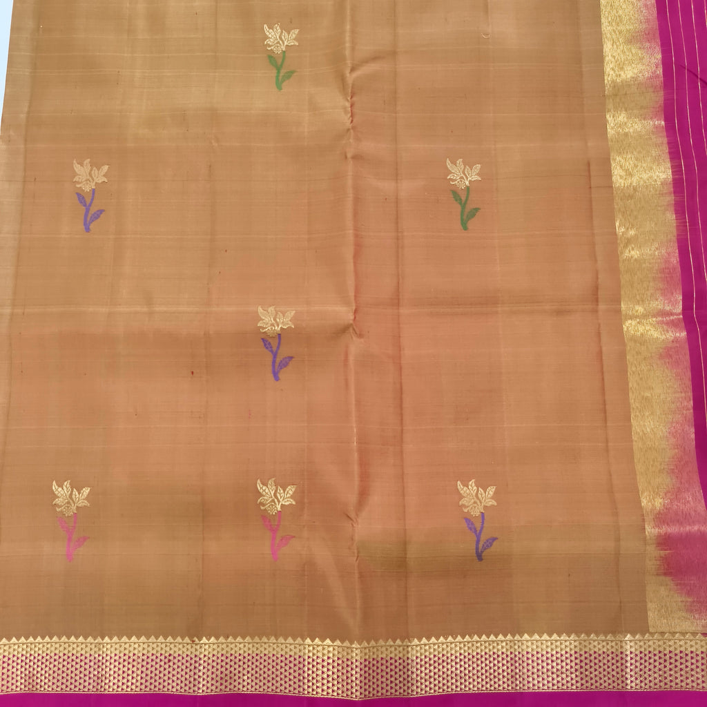 Pure Kanchipuram Silk Saree – Mustard Gold and Rani pink Contrast
