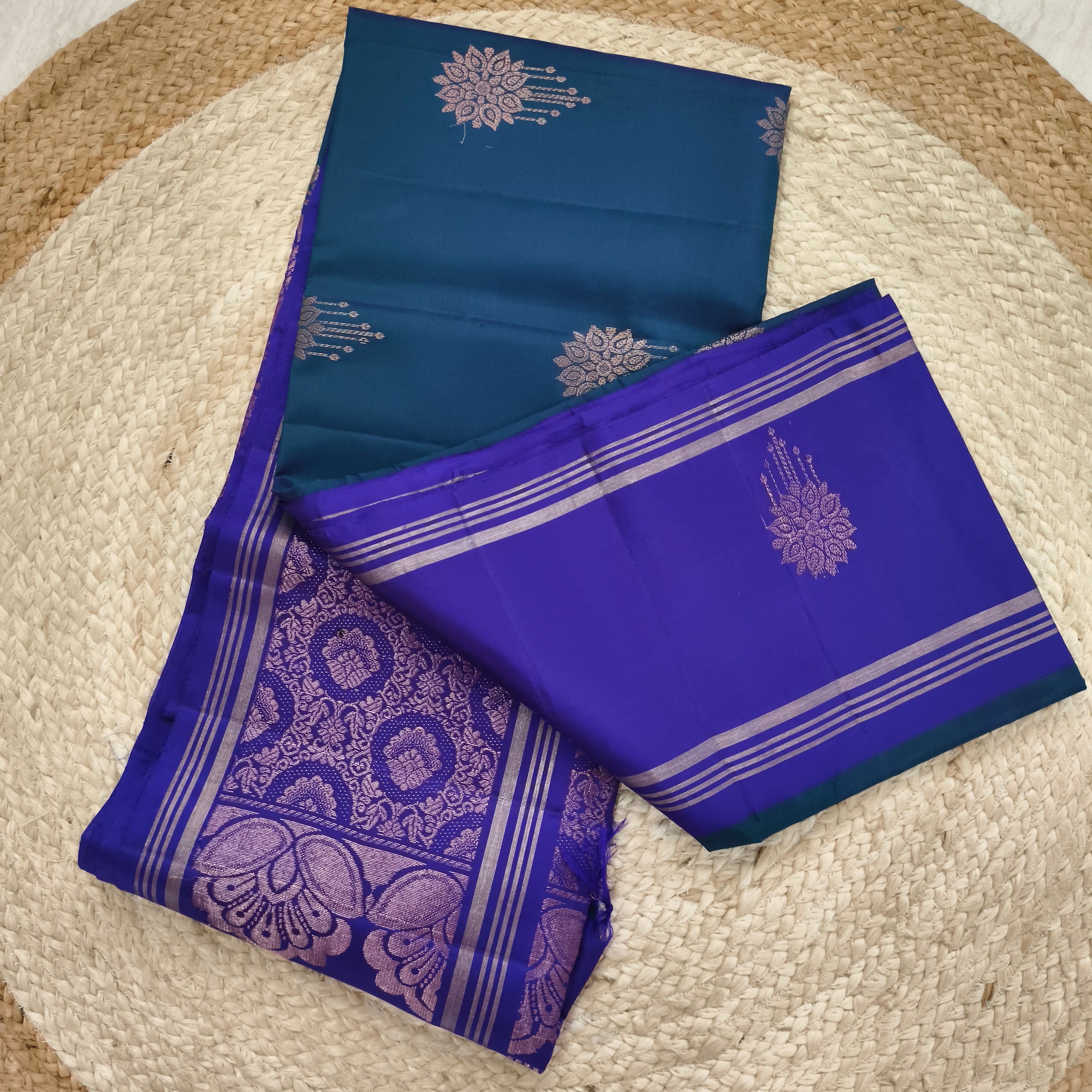 Soft Silk Saree – Peacock Blue and Blue Contrast