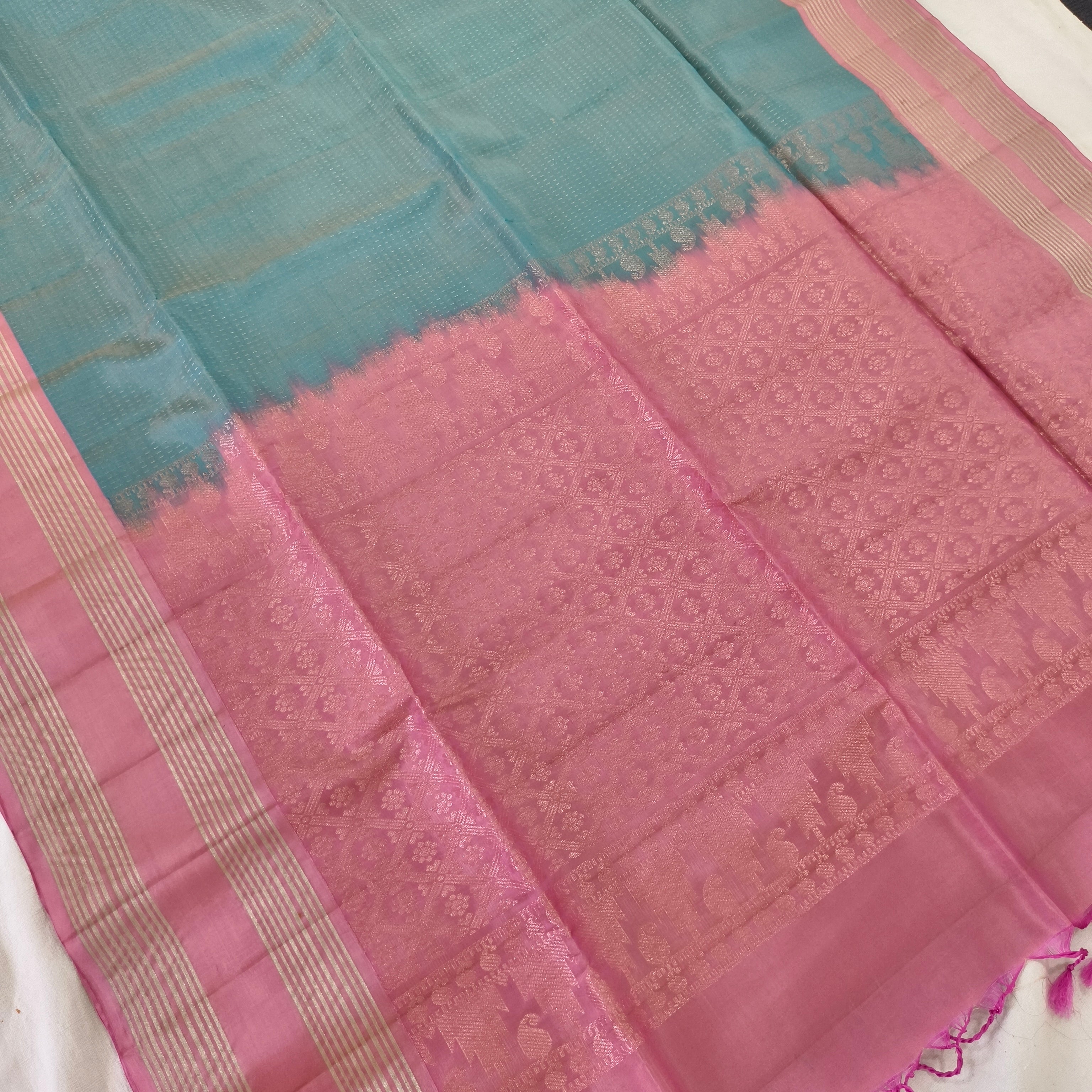 Soft Silk Saree – Light Blue & Pink Contrast