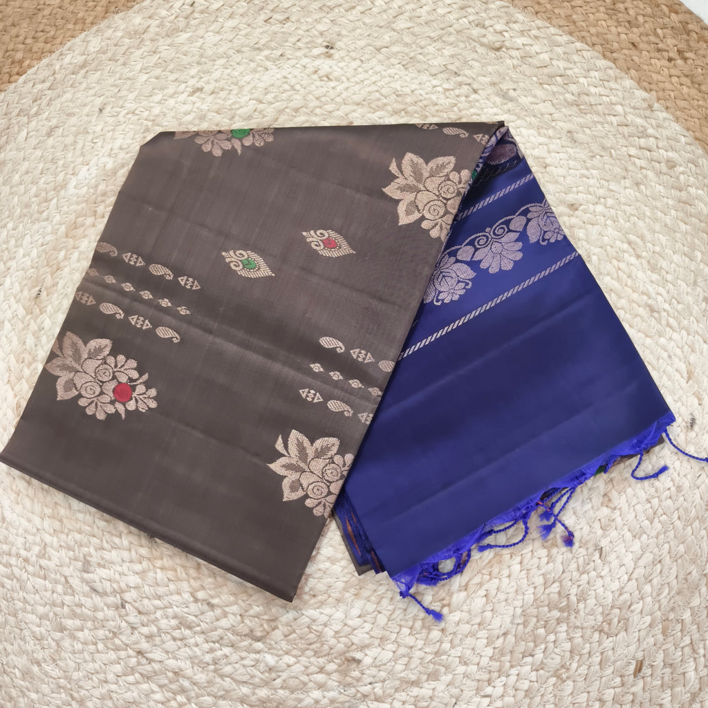 Soft Silk Saree – Dark Grey and Royal Blue Contrast