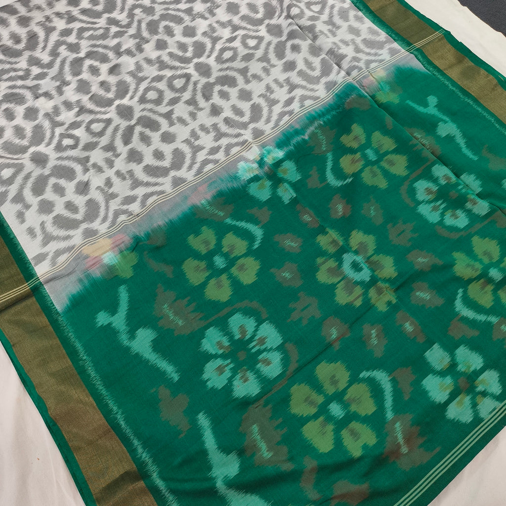 Silk Cotton Saree – White and Green