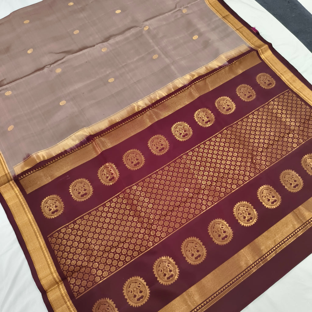 Pure Kanchipuram Handloom Silk Saree – Grey and Deep Maroon Contrast