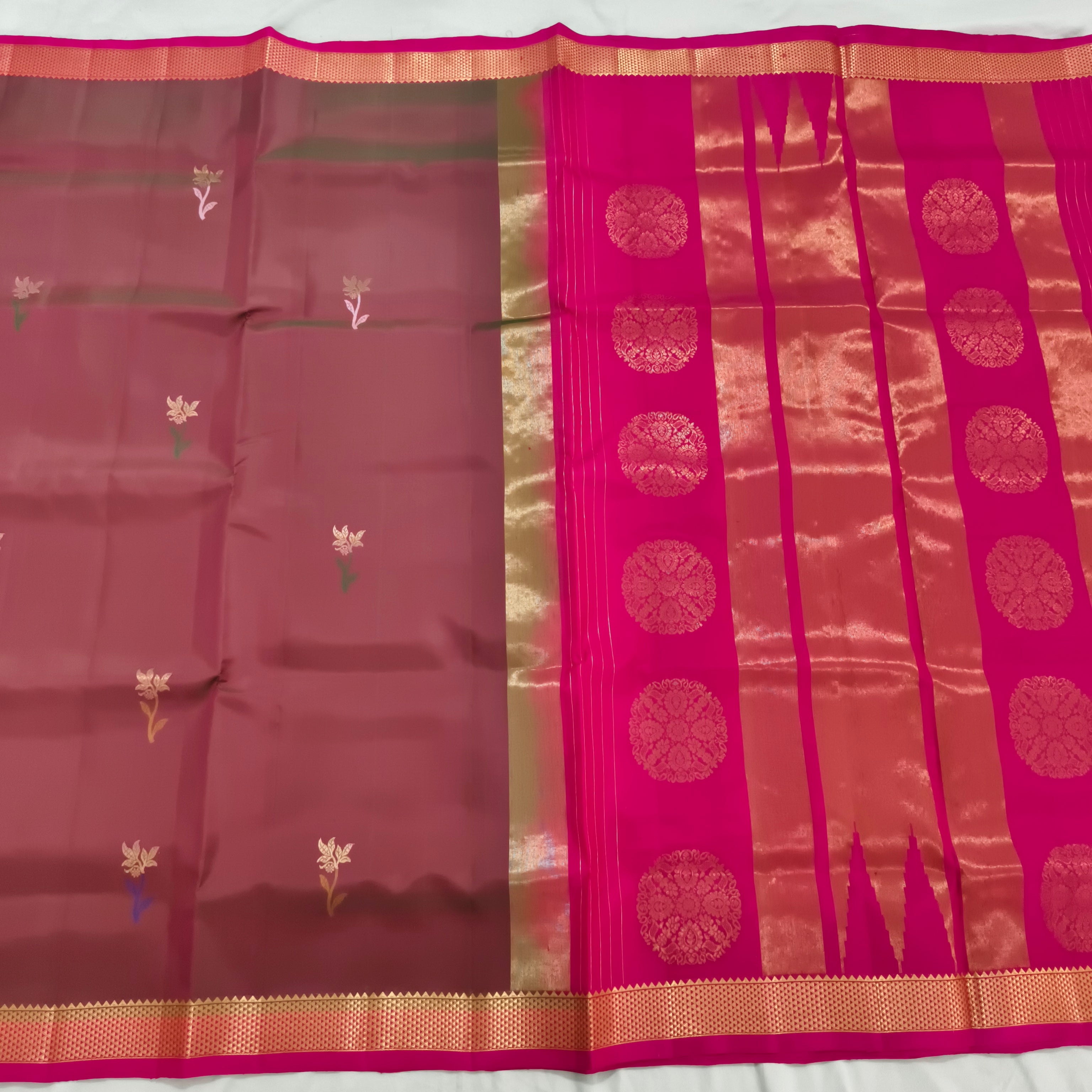 Pure Kanchipuram Silk Saree – Maroon and Rani Pink Contrast