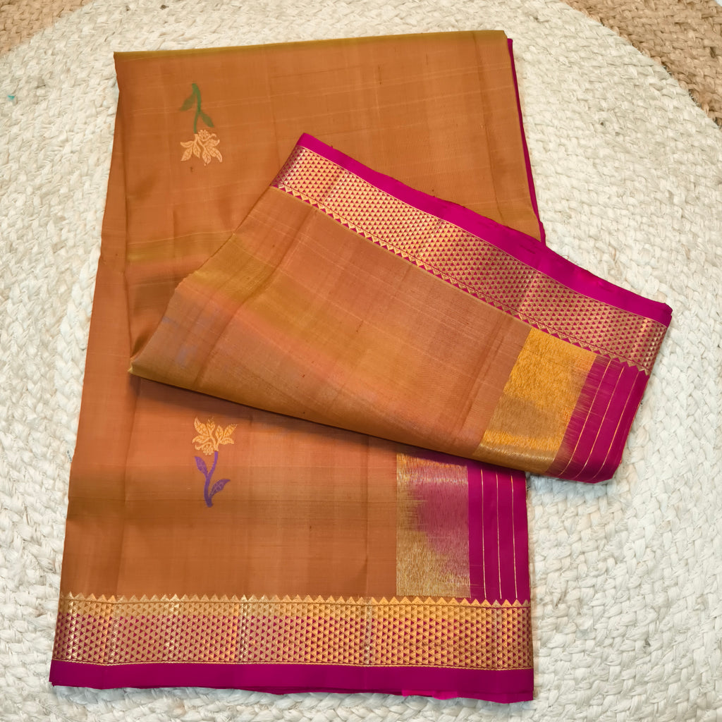 Pure Kanchipuram Silk Saree – Mustard Gold and Rani pink Contrast