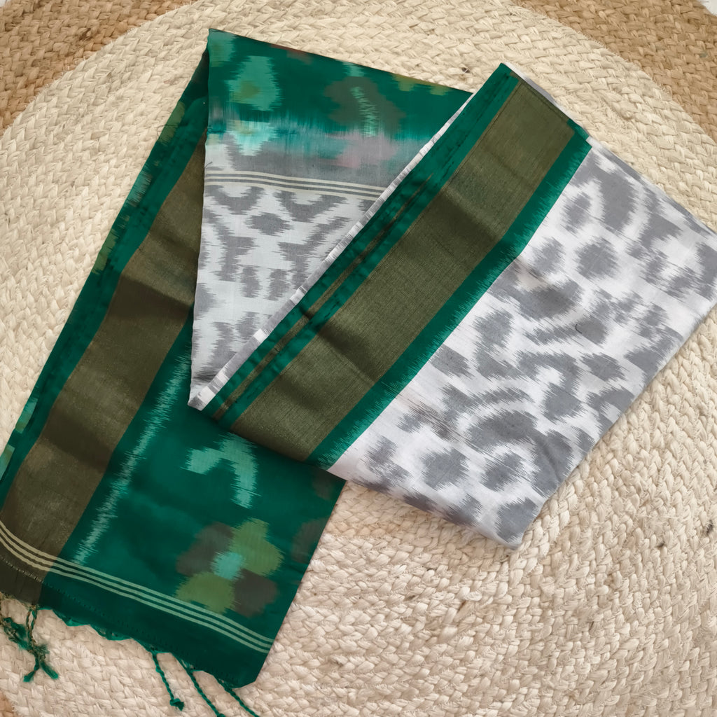 Silk Cotton Saree – White and Green