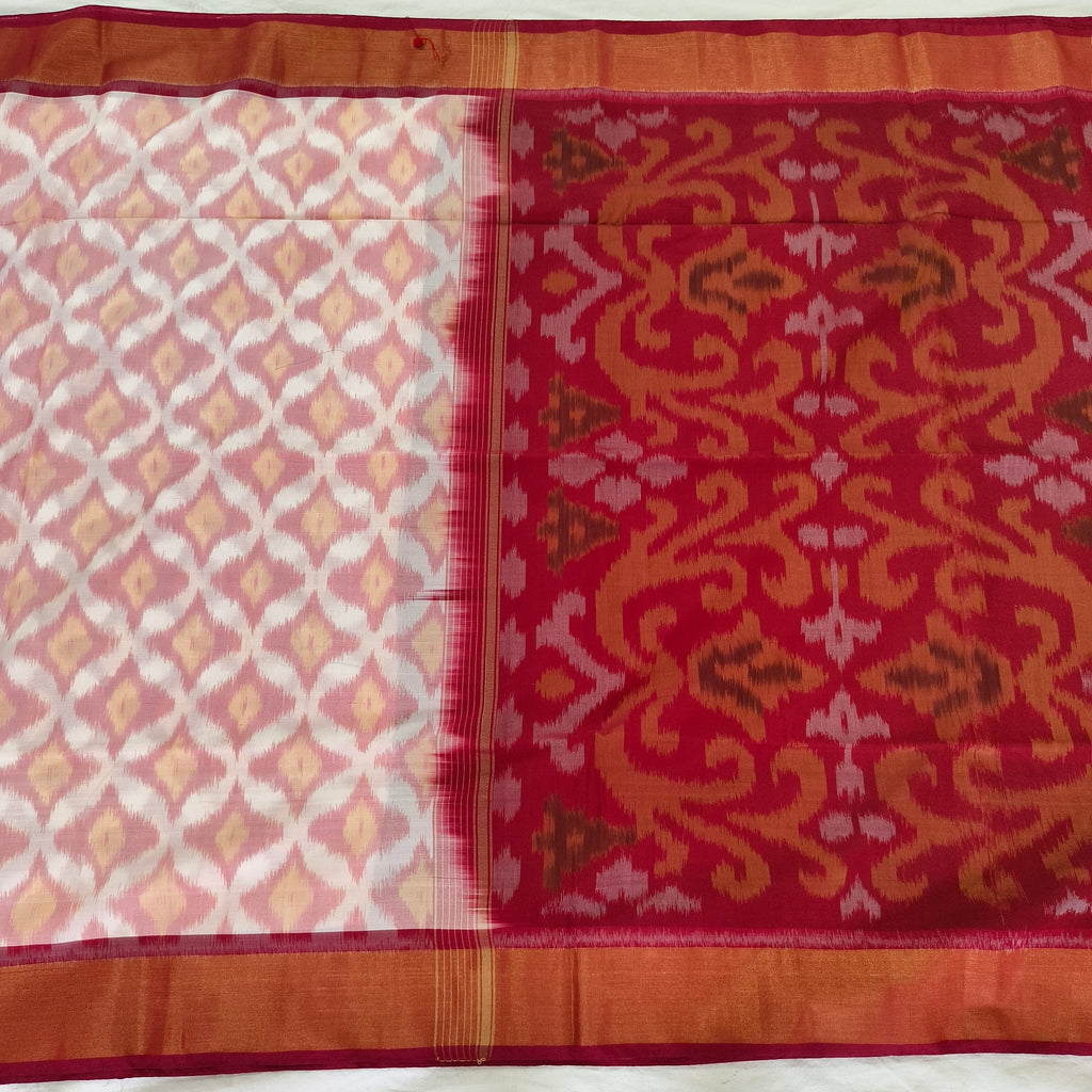 Silk Cotton Saree – White and Maroon