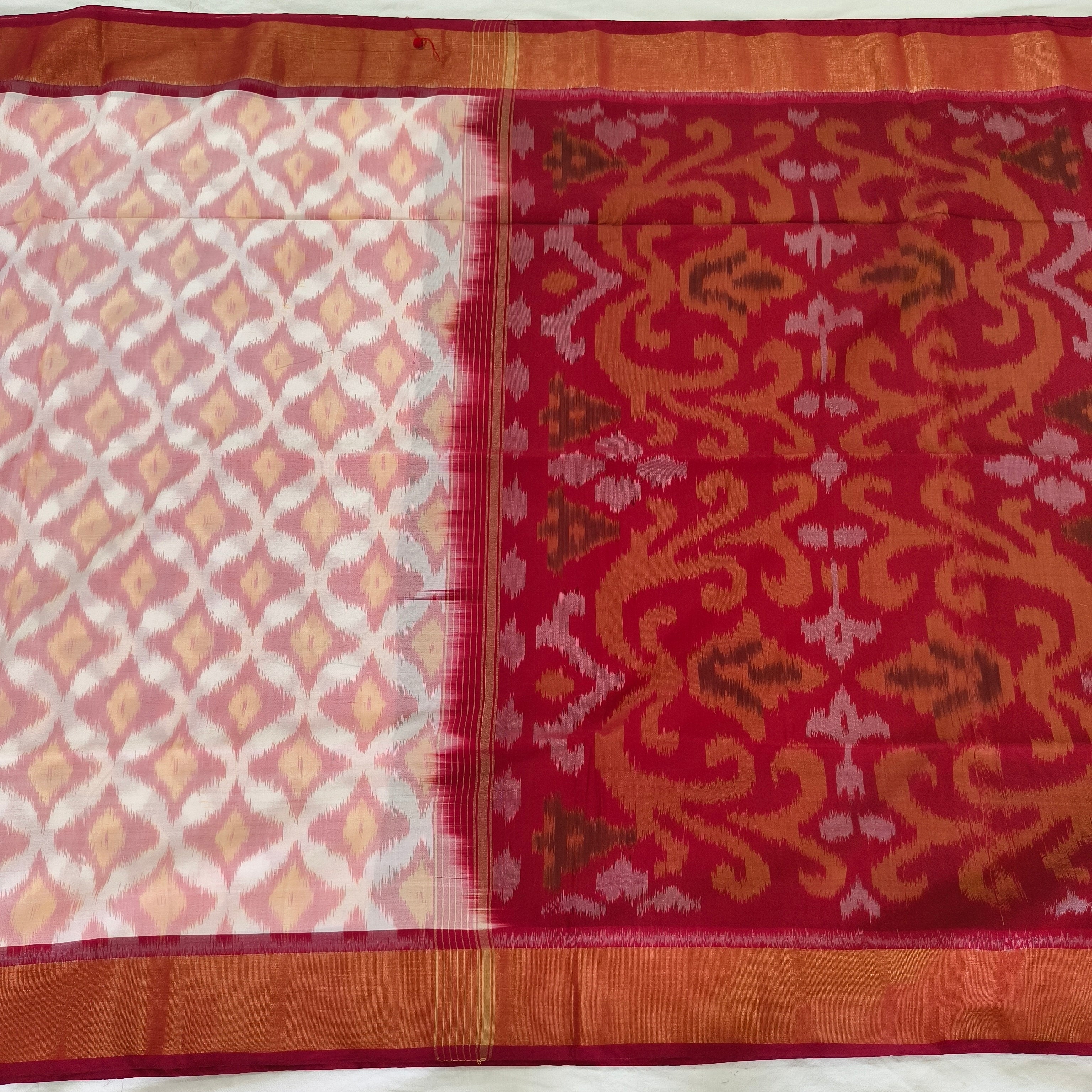 Silk Cotton Saree – White and Maroon