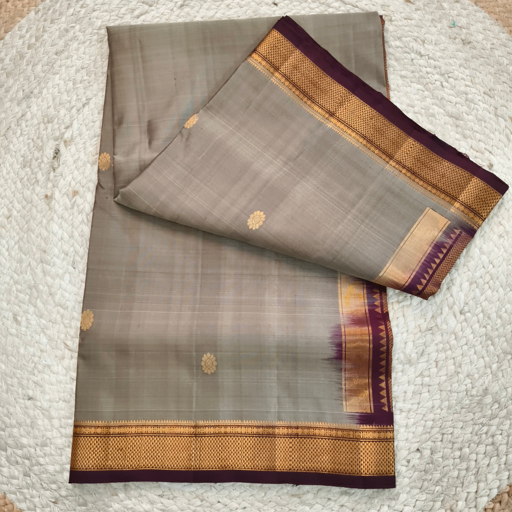 Pure Kanchipuram Handloom Silk Saree –Sage Grey and Deep Maroon Contrast