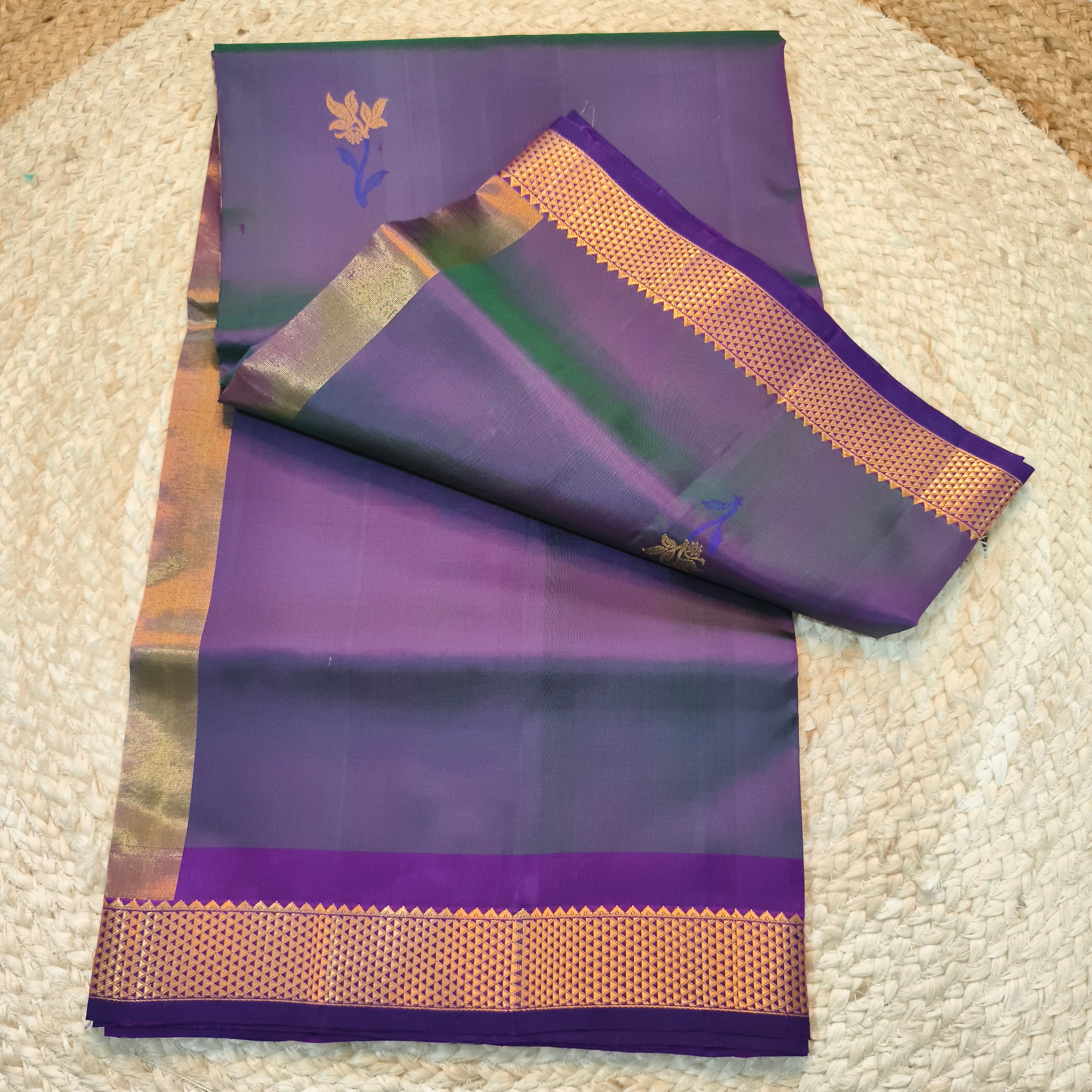 Pure Kanchipuram Silk Saree – Purple and Magenta pink Contrast