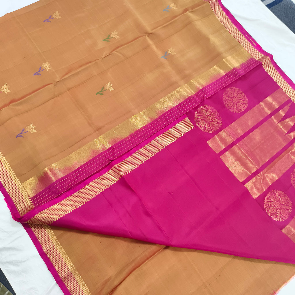 Pure Kanchipuram Silk Saree – Mustard Gold and Rani pink Contrast