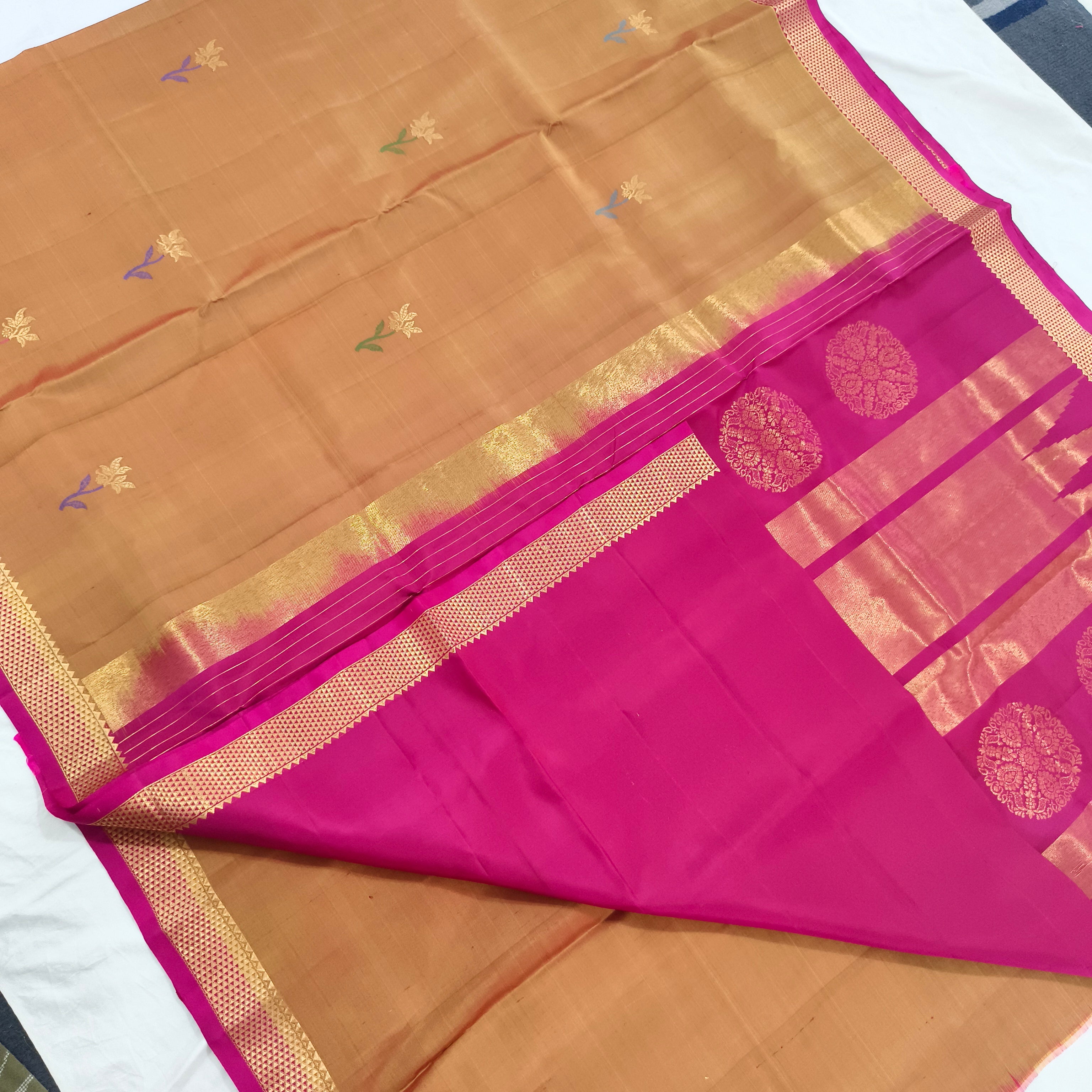 Pure Kanchipuram Silk Saree – Mustard Gold and Rani pink Contrast