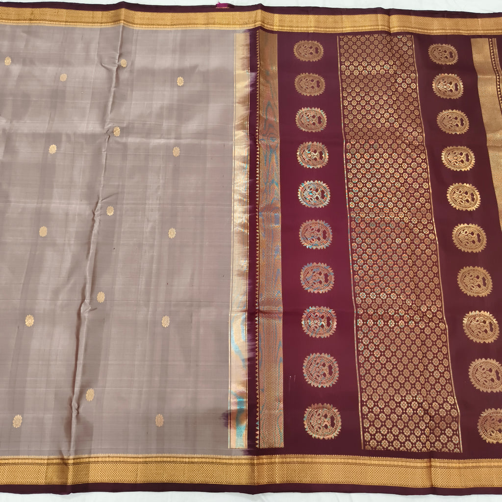 Pure Kanchipuram Handloom Silk Saree – Grey and Deep Maroon Contrast