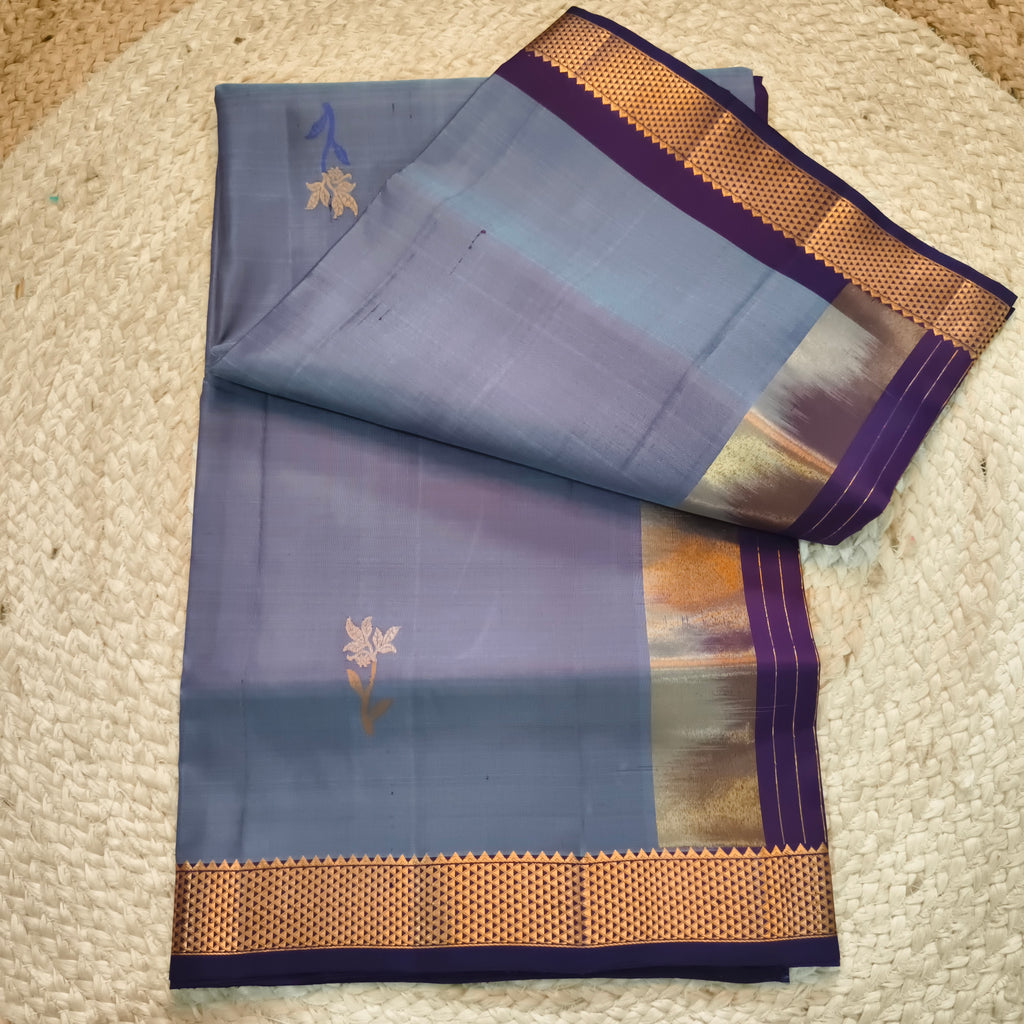 Pure Kanchipuram Silk Saree – Grey and Wine Contrast