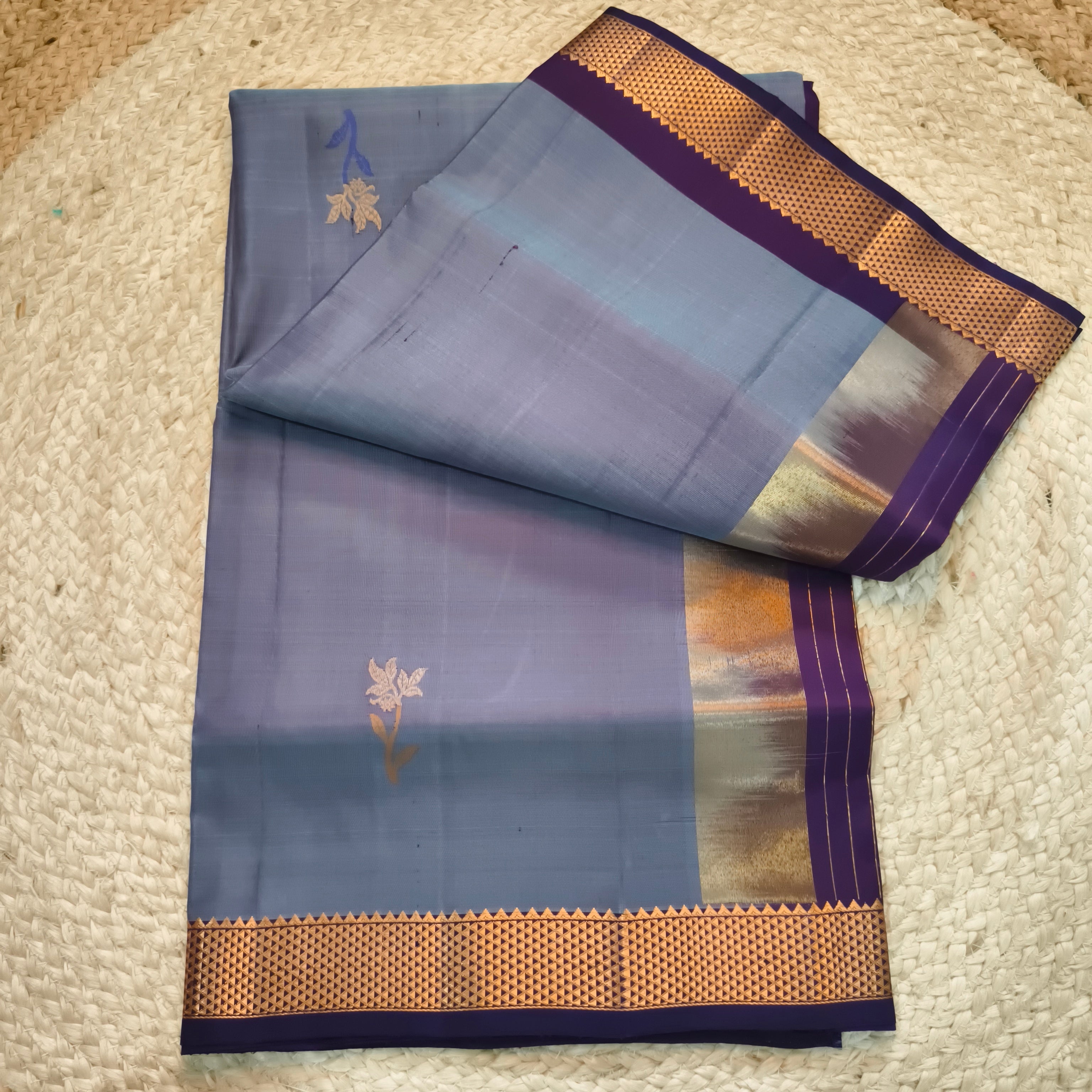 Pure Kanchipuram Silk Saree – Grey and Wine Contrast