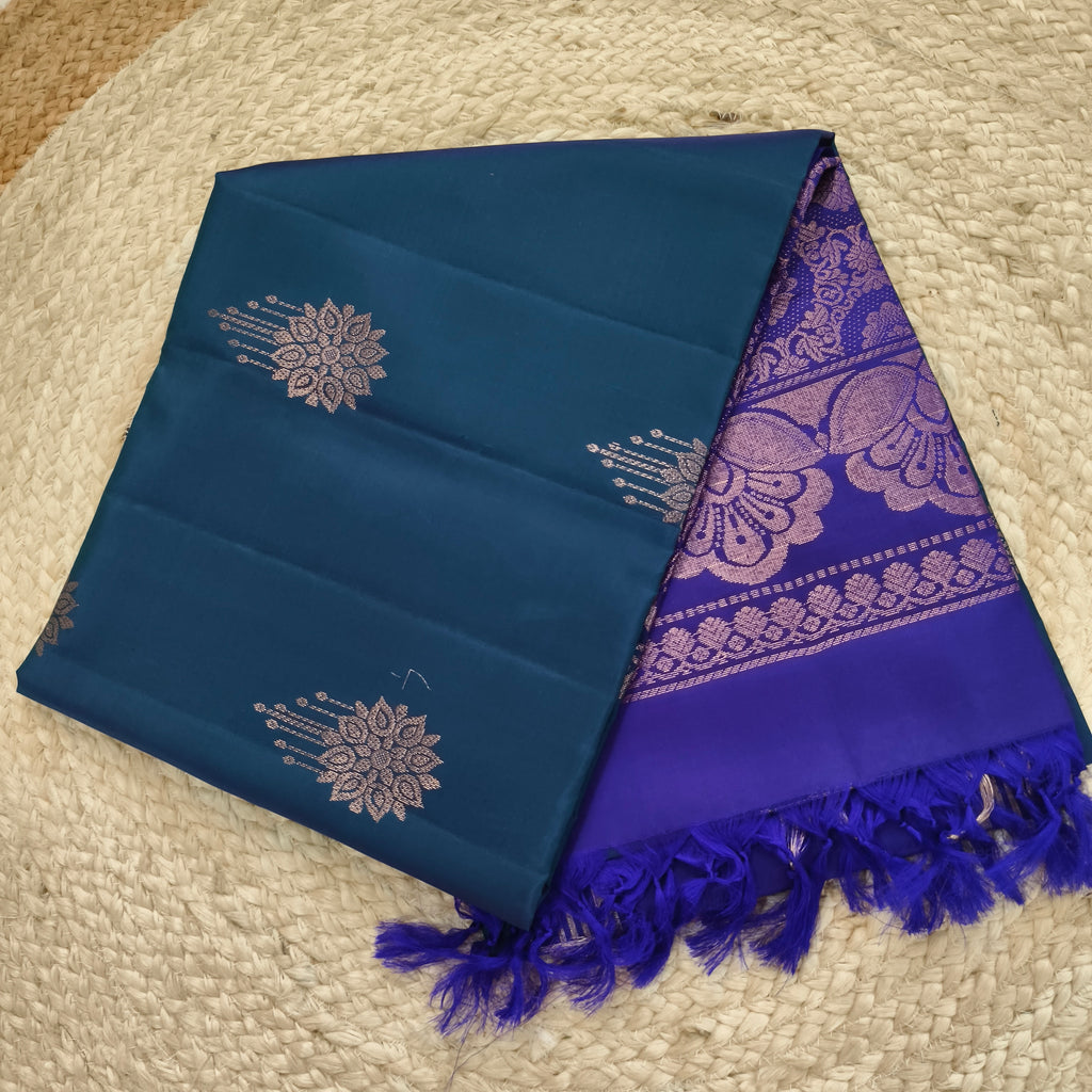 Soft Silk Saree – Peacock Blue and Blue Contrast