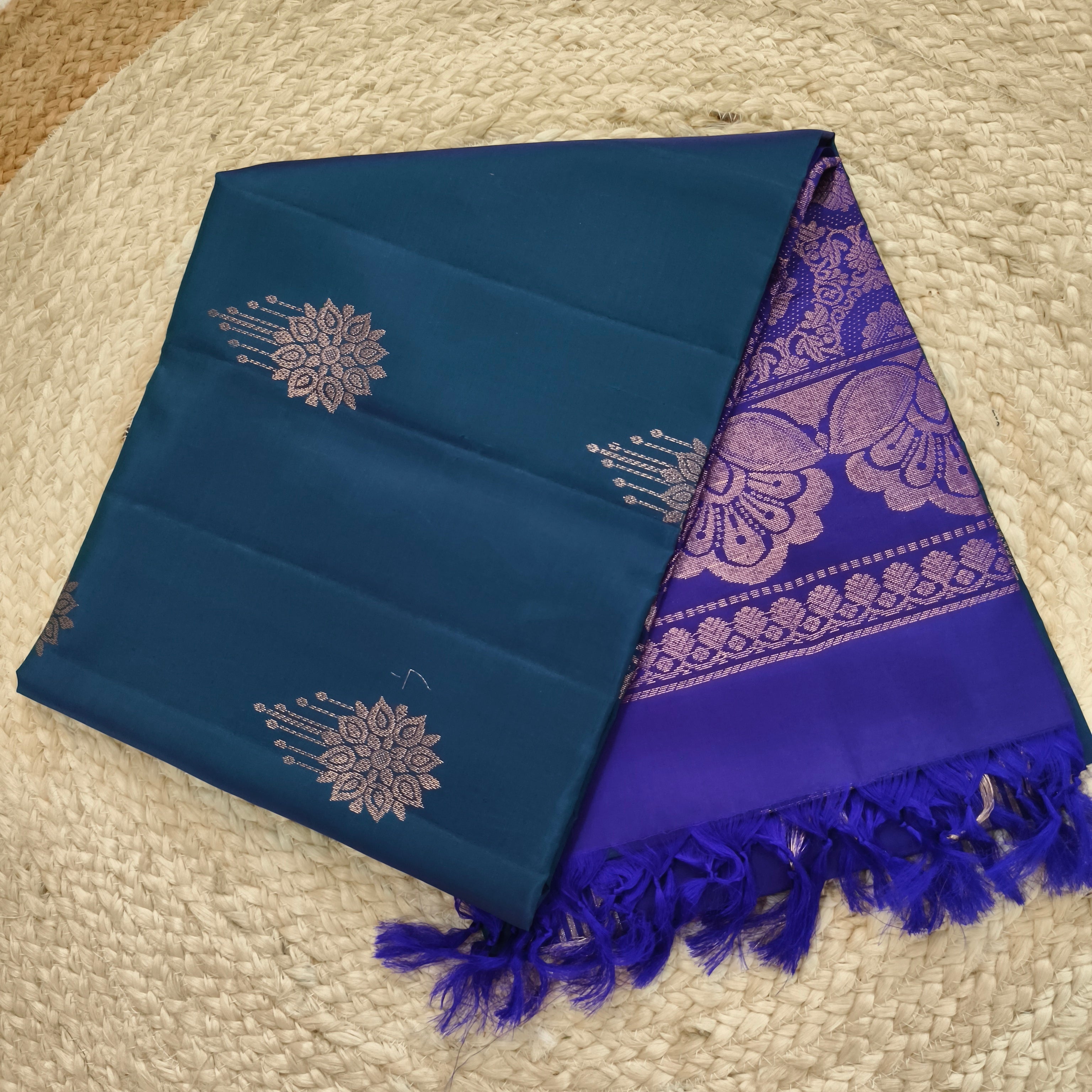 Soft Silk Saree – Peacock Blue and Blue Contrast