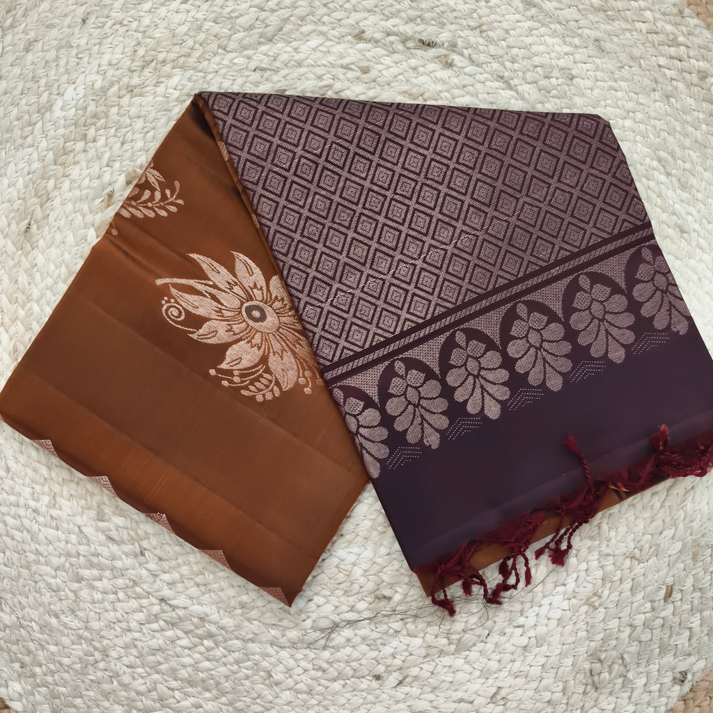 Soft Silk Saree – Copper Gold and Dark Brown Contrast