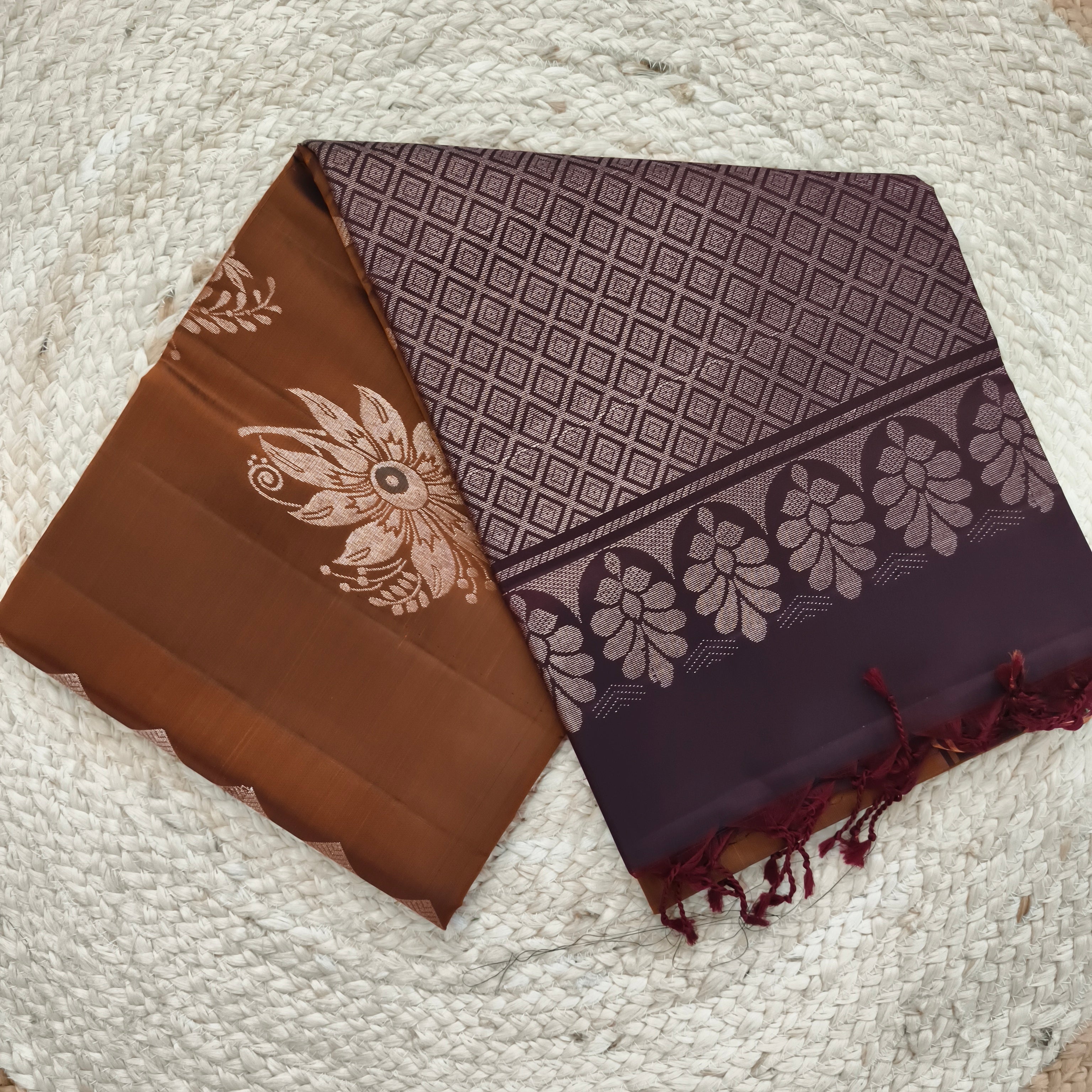 Soft Silk Saree – Copper Gold and Dark Brown Contrast