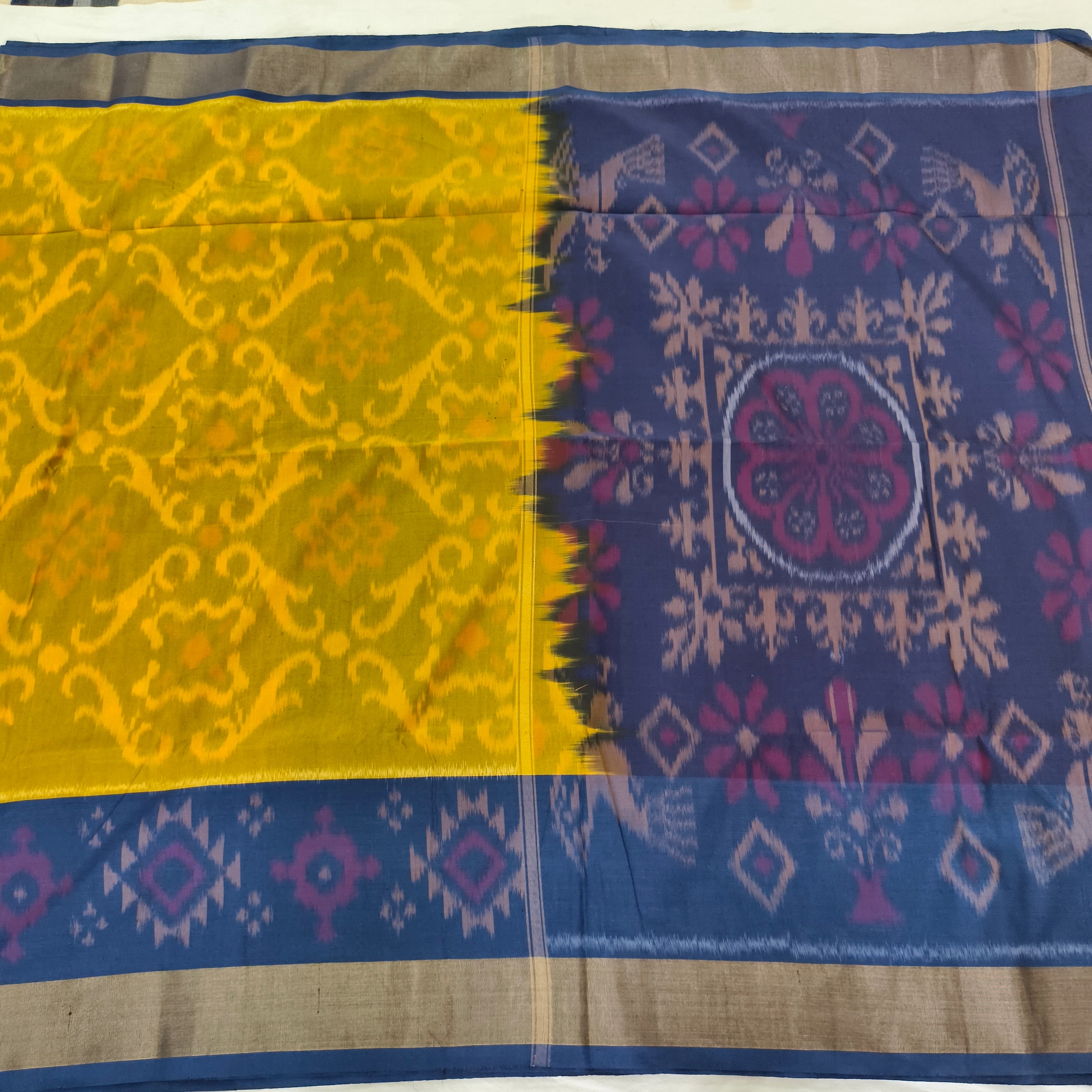 Silk Cotton Saree – Yellow and Navy Blue