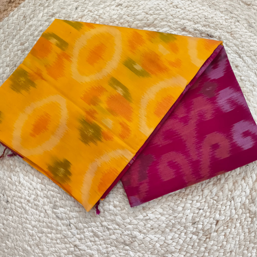 Silk Cotton Saree – Yellow and Rani Pink