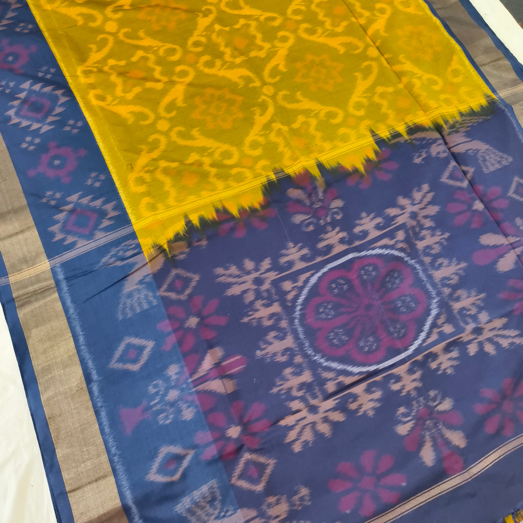 Silk Cotton Saree – Yellow and Navy Blue