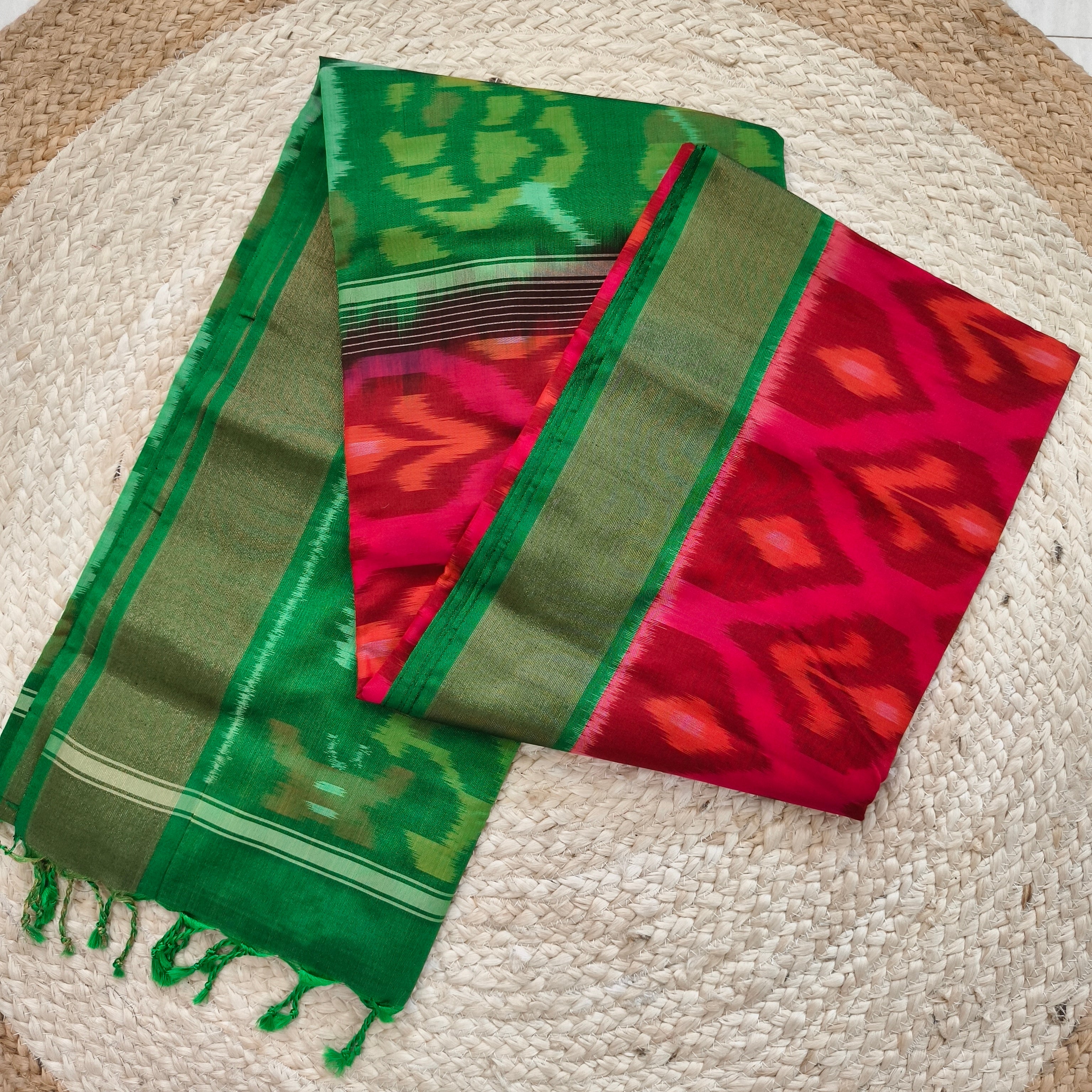 Silk Cotton Saree – Red and Green