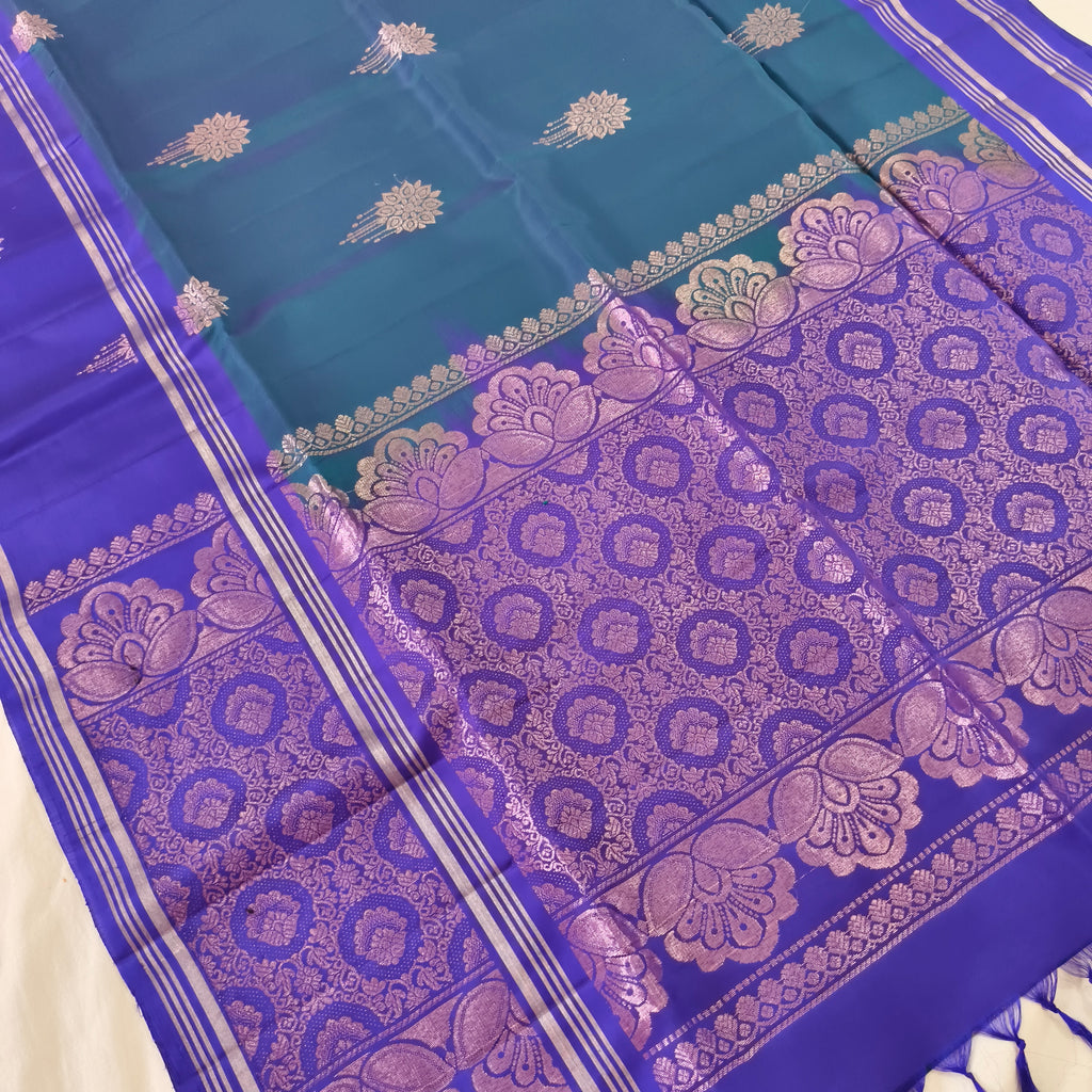 Soft Silk Saree – Peacock Blue and Blue Contrast